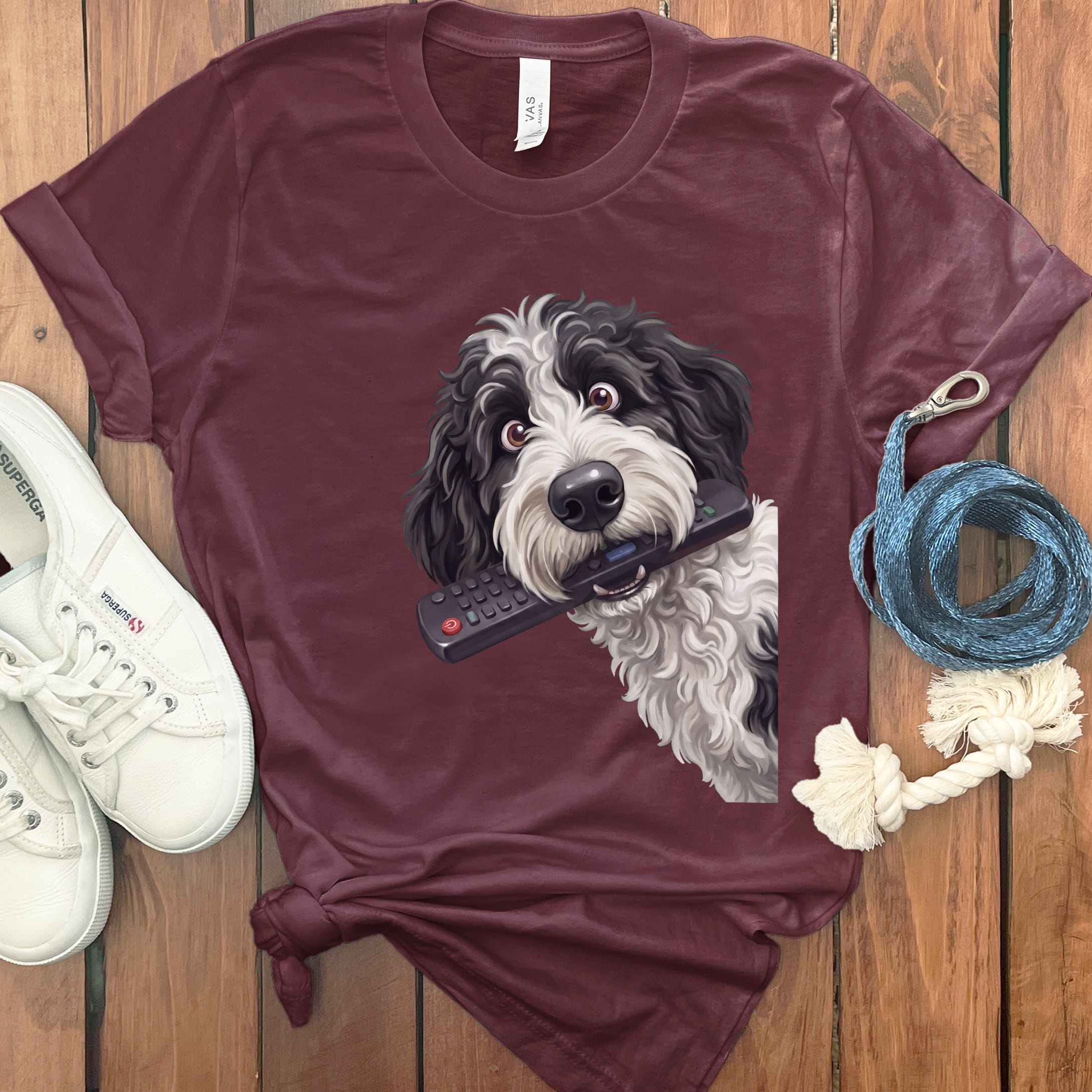 Sheepadoodle Remote T-Shirt in Maroon / S by Puppy Jo