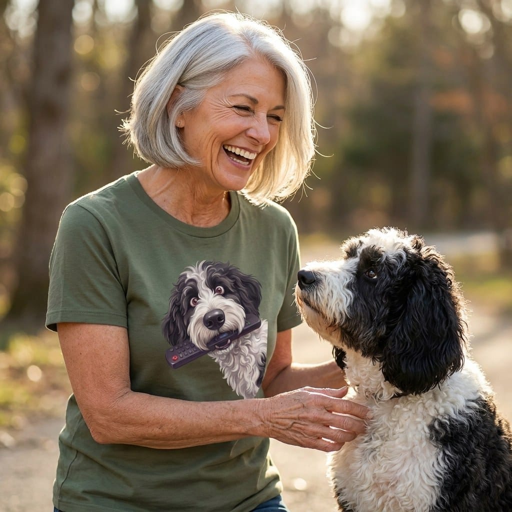 Sheepadoodle Remote T-Shirt in by Puppy Jo