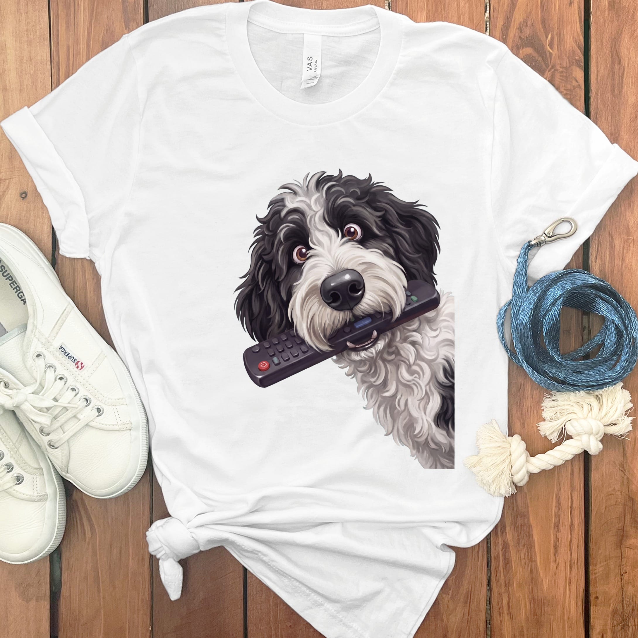 Sheepadoodle Remote T-Shirt in White / S by Puppy Jo