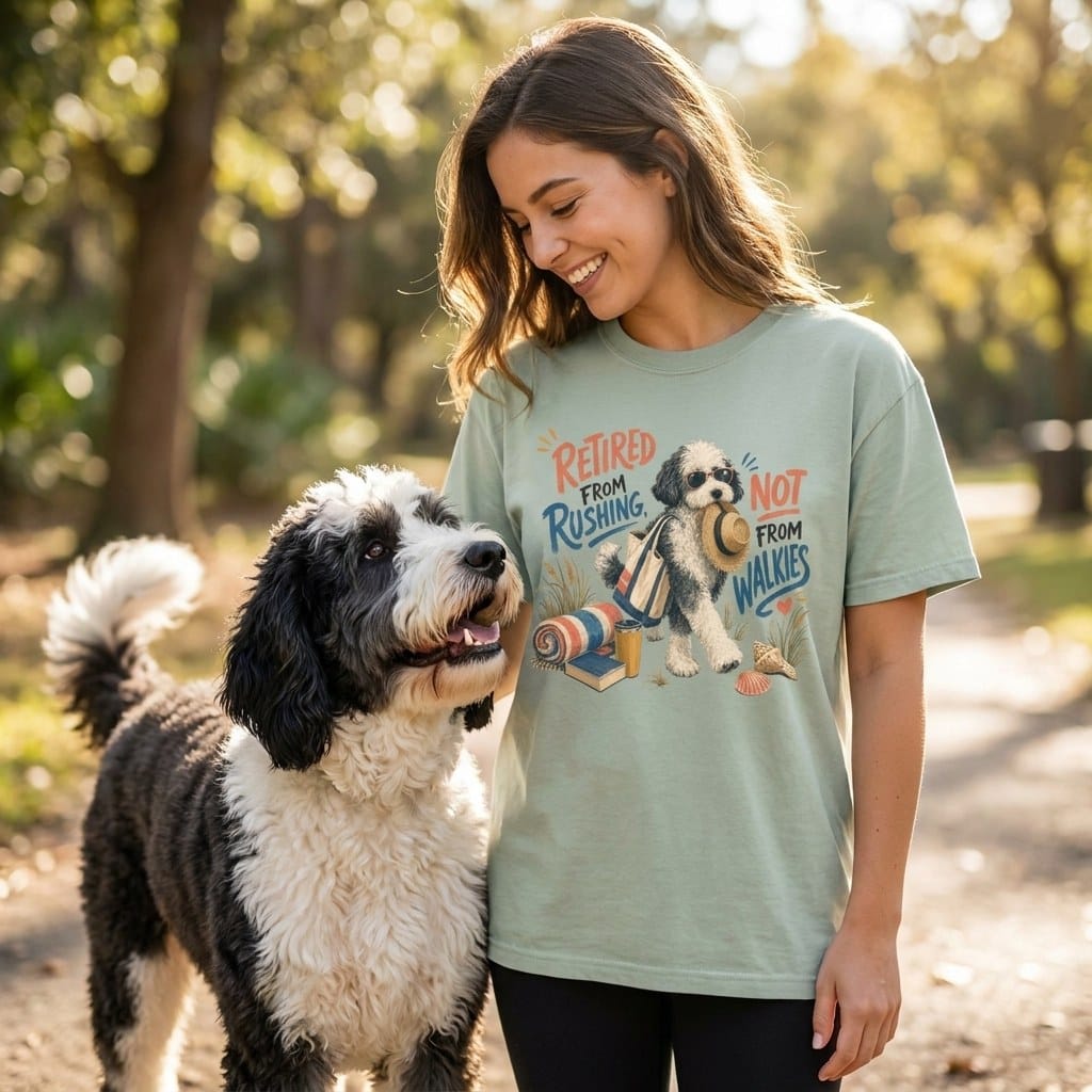 Sheepadoodle Retired Walkies Signature T-Shirt in by Puppy Jo