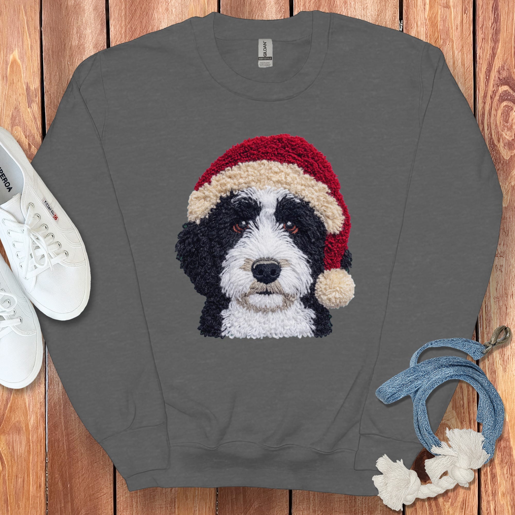 Sheepadoodle Santa Faux Yarn Sweatshirt in Dark Heather / S by Puppy Jo