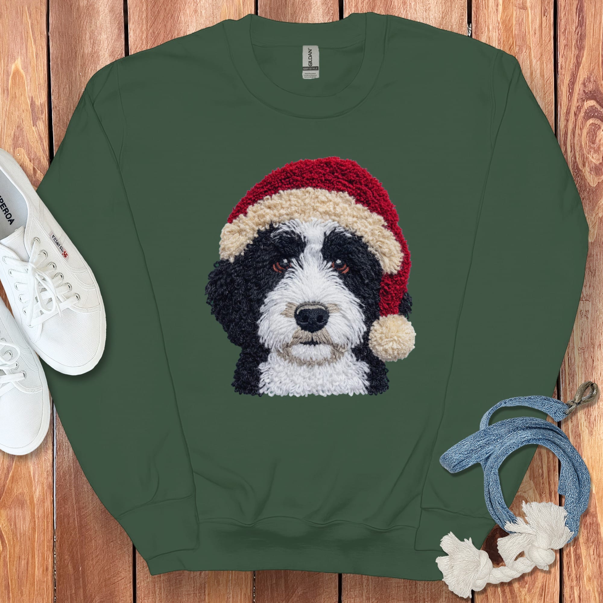 Sheepadoodle Santa Faux Yarn Sweatshirt in Forest Green / S by Puppy Jo