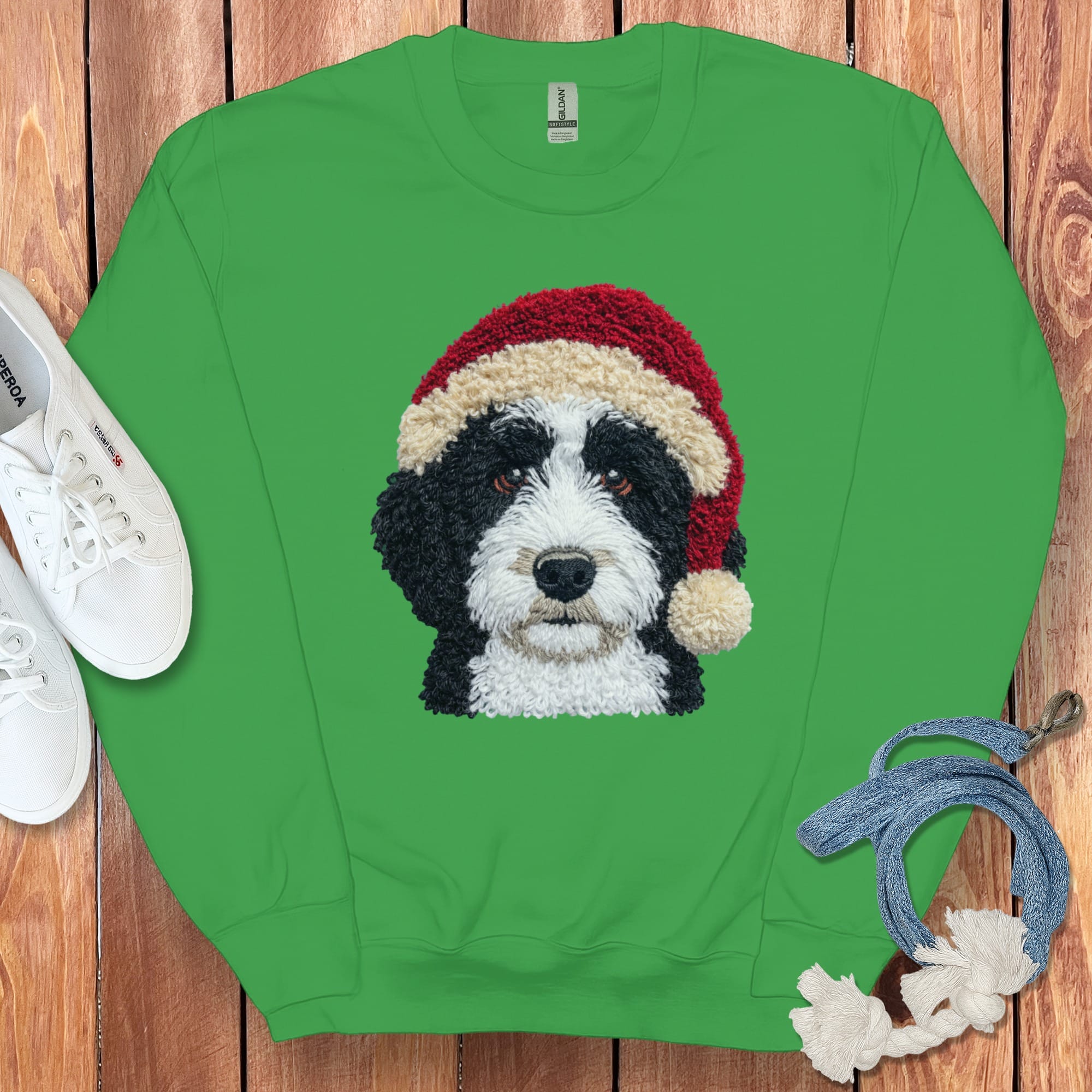 Sheepadoodle Santa Faux Yarn Sweatshirt in Irish Green / S by Puppy Jo