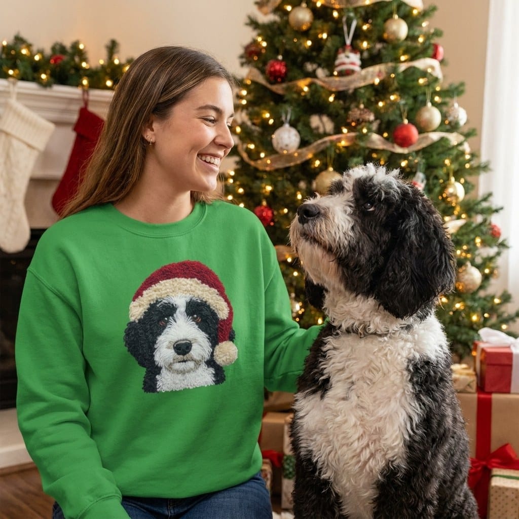 Sheepadoodle Santa Faux Yarn Sweatshirt in by Puppy Jo