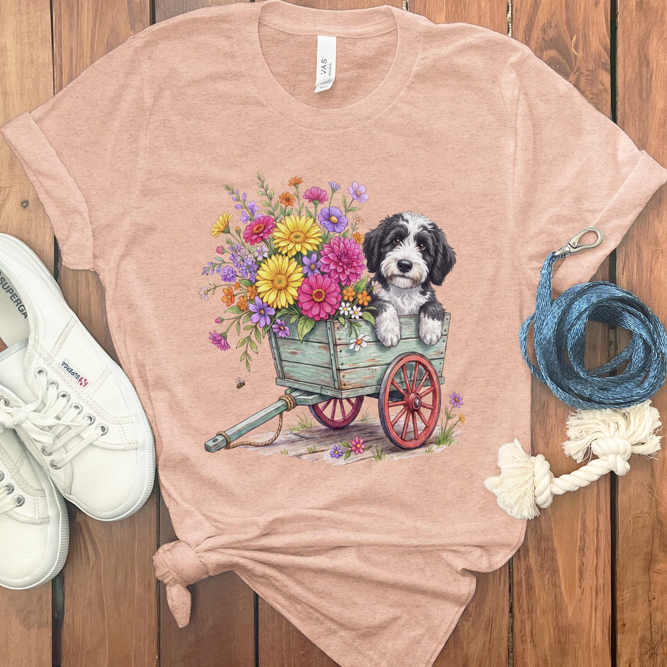 Sheepadoodle Spring Wagon T-Shirt in Heather Peach / S by Puppy Jo