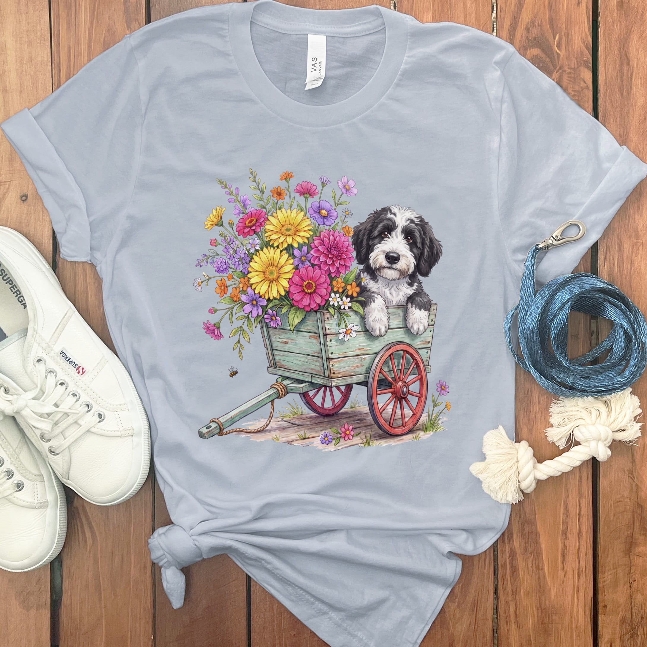 Sheepadoodle Spring Wagon T-Shirt in Light Blue / S by Puppy Jo