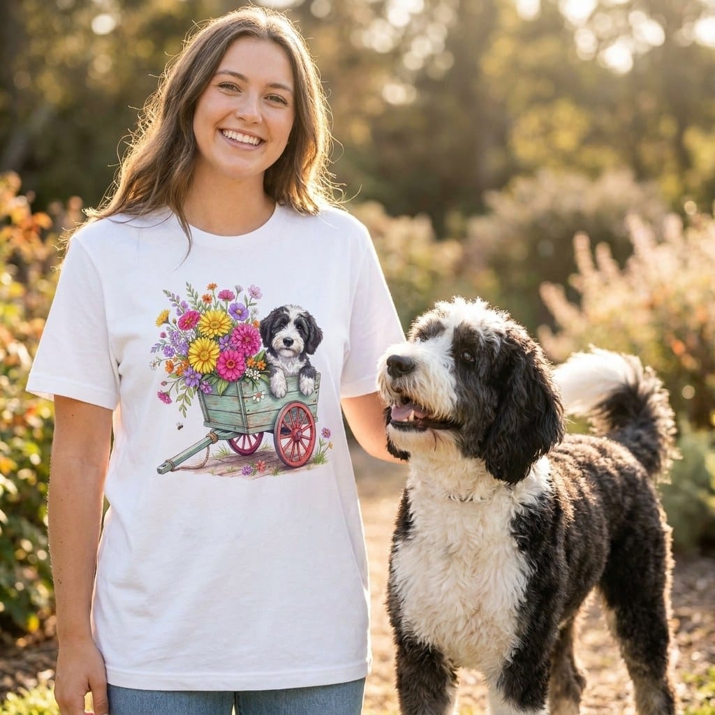 Sheepadoodle Spring Wagon T-Shirt in by Puppy Jo