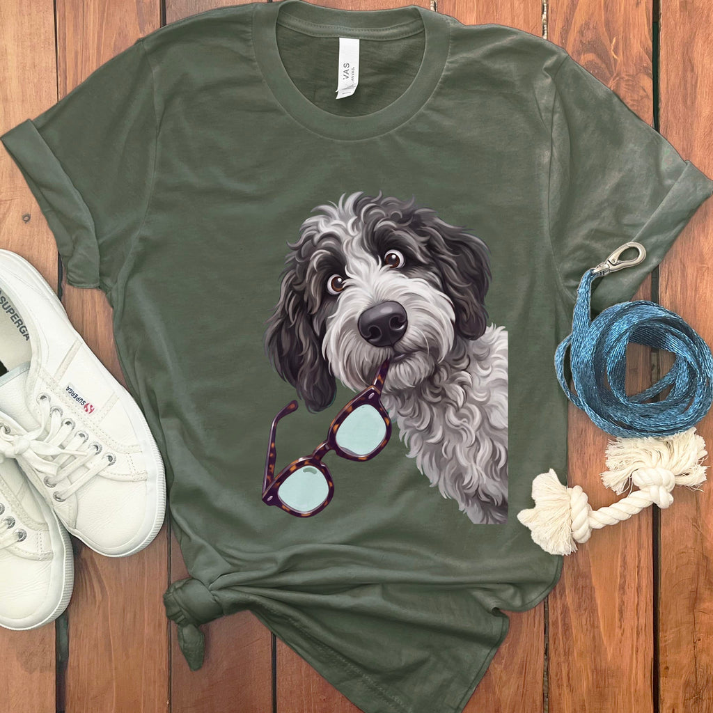 Sheepadoodle Stolen Glasses T-Shirt in Military Green / S by Puppy Jo