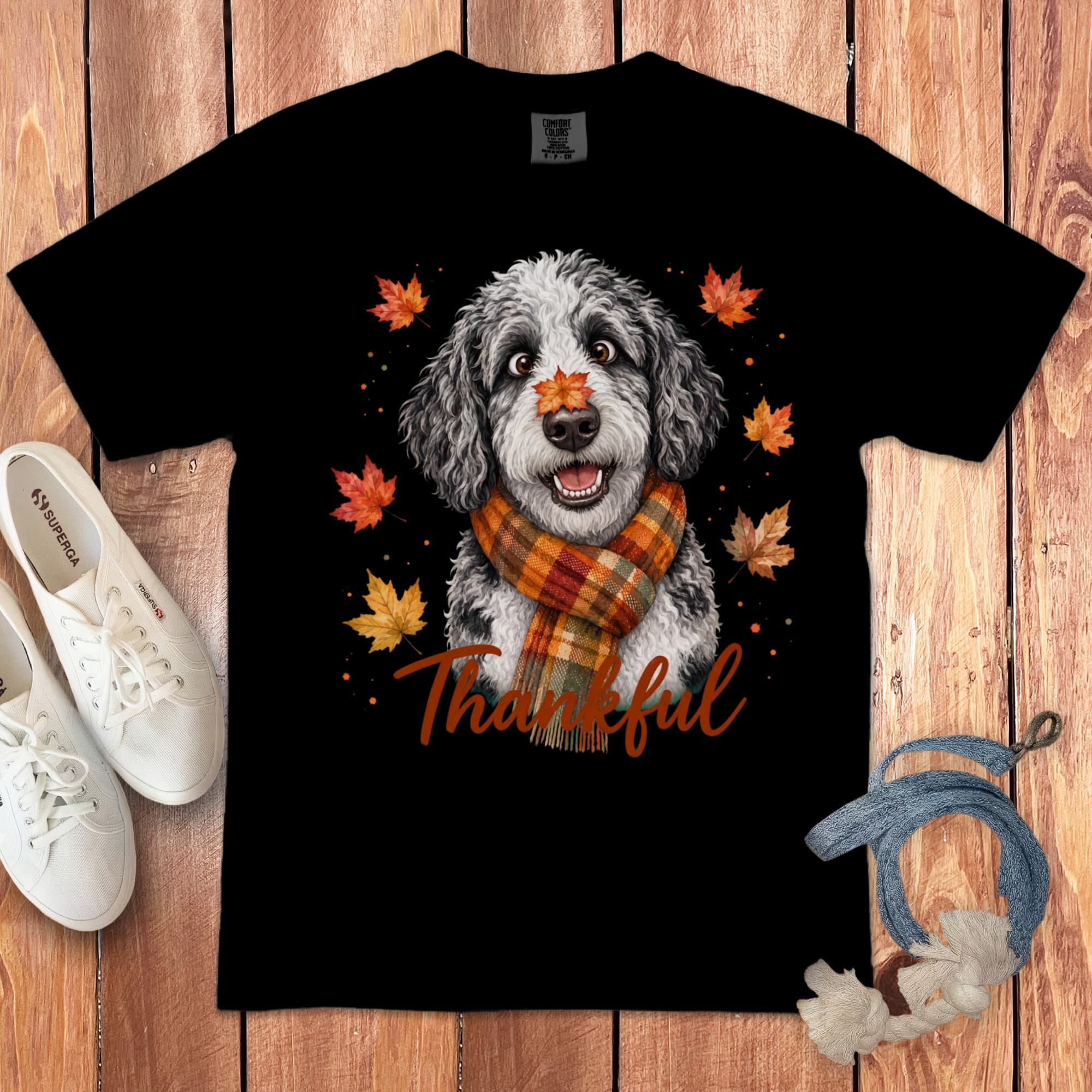 Sheepadoodle Thankful Signature T-Shirt in Black / S by Puppy Jo