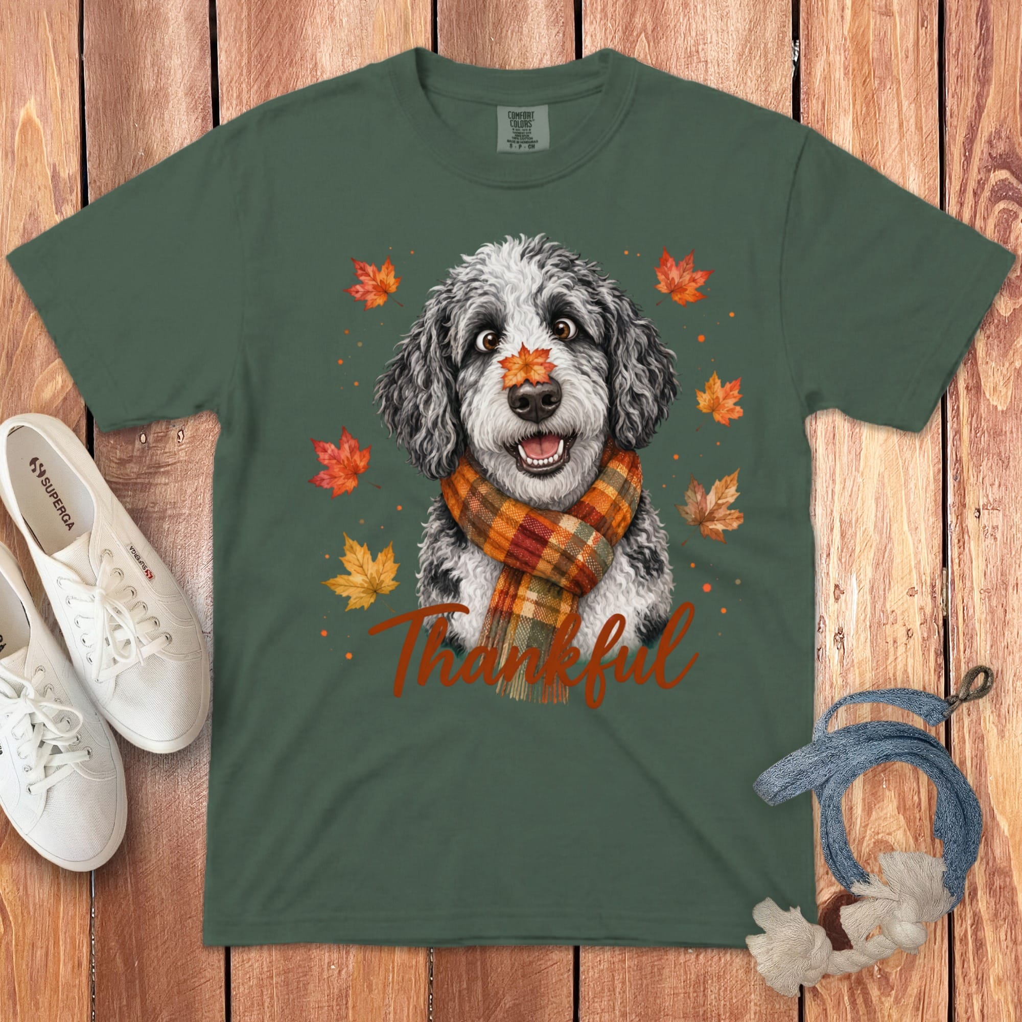 Sheepadoodle Thankful Signature T-Shirt in Blue Spruce / S by Puppy Jo