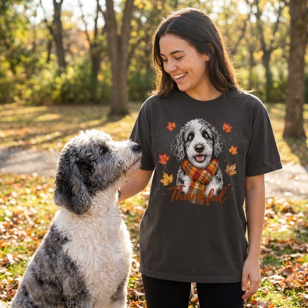 Sheepadoodle Thankful Signature T-Shirt in by Puppy Jo