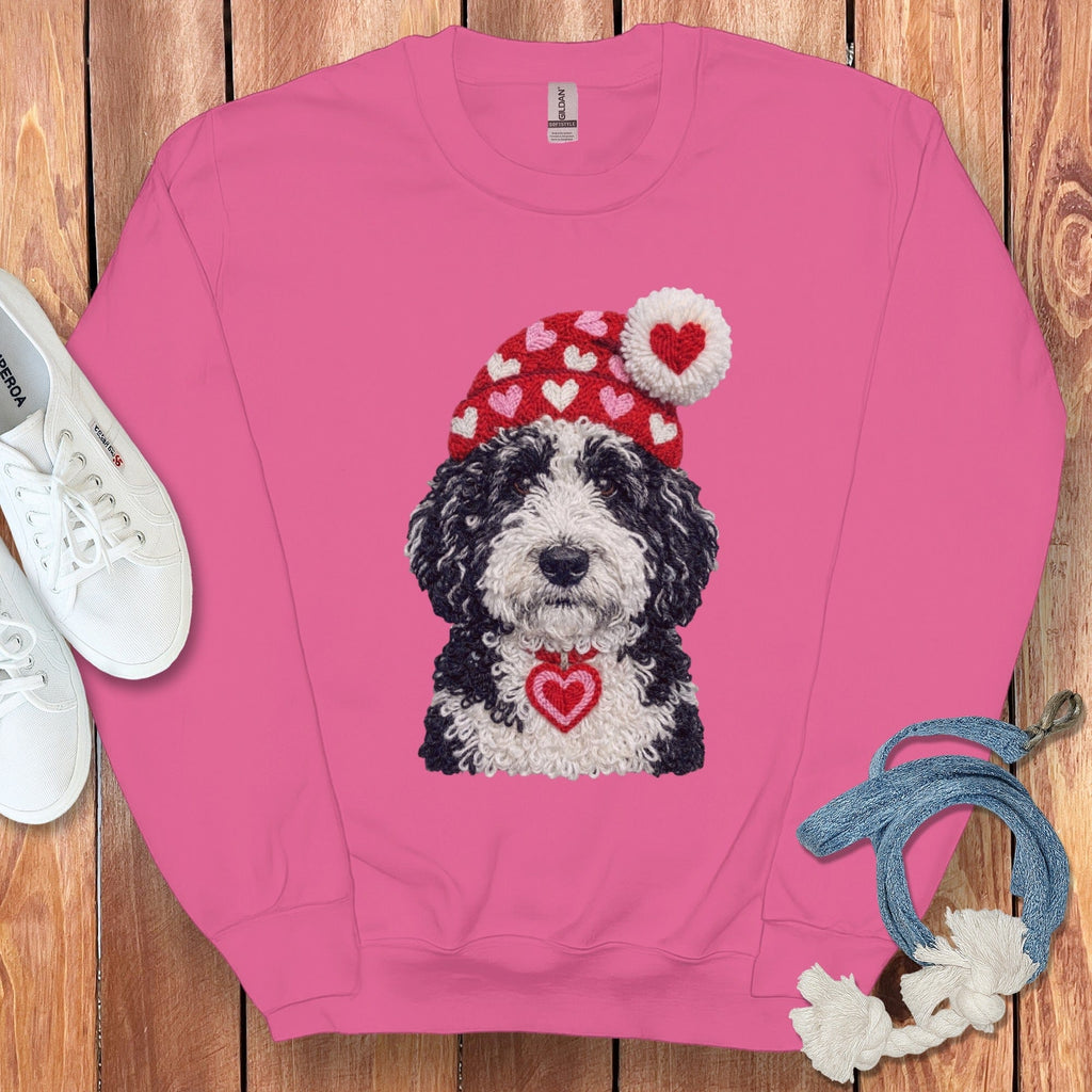 Sheepadoodle Valentine Charm Faux Yarn Sweatshirt in Heliconia / S by Puppy Jo