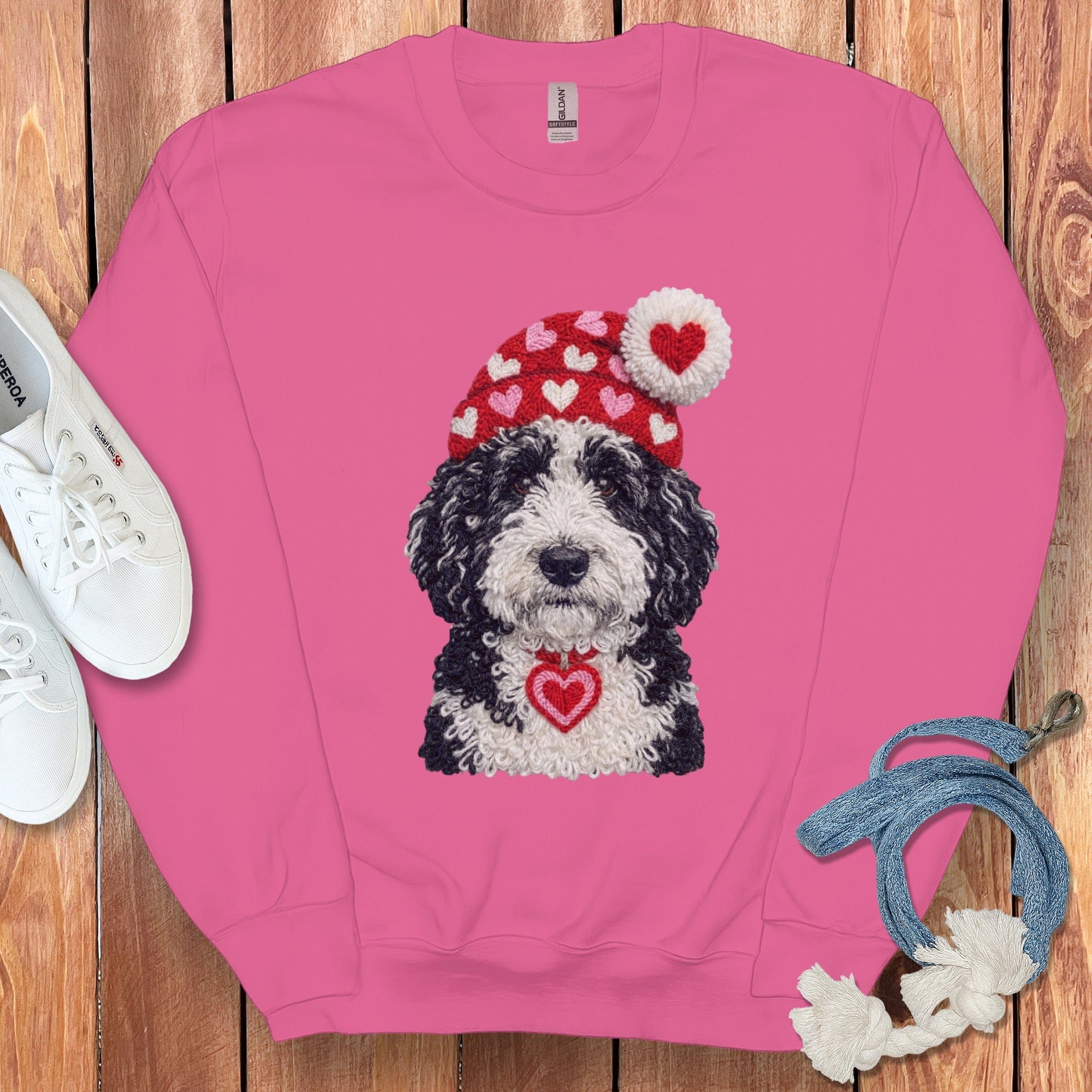 Sheepadoodle Valentine Charm Faux Yarn Sweatshirt in Heliconia / S by Puppy Jo