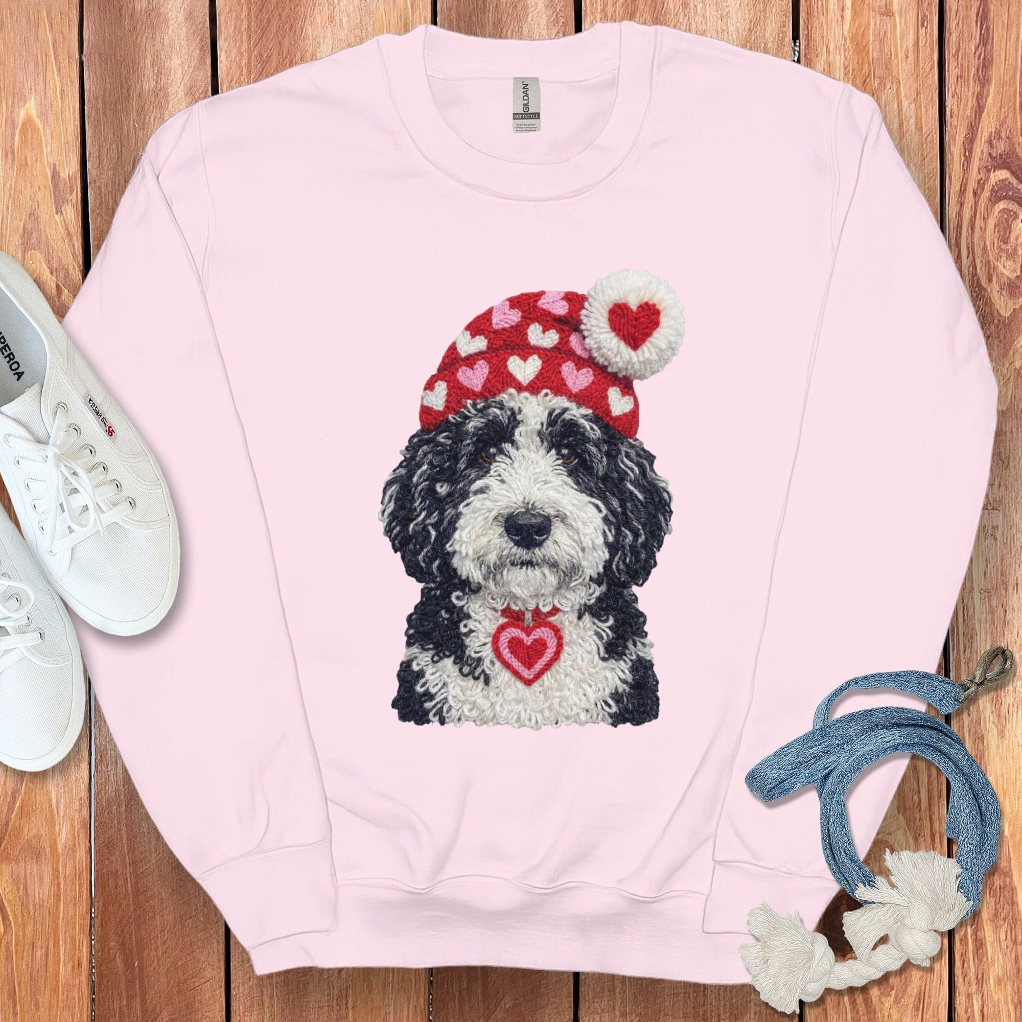 Sheepadoodle Valentine Charm Faux Yarn Sweatshirt in Light Pink / S by Puppy Jo