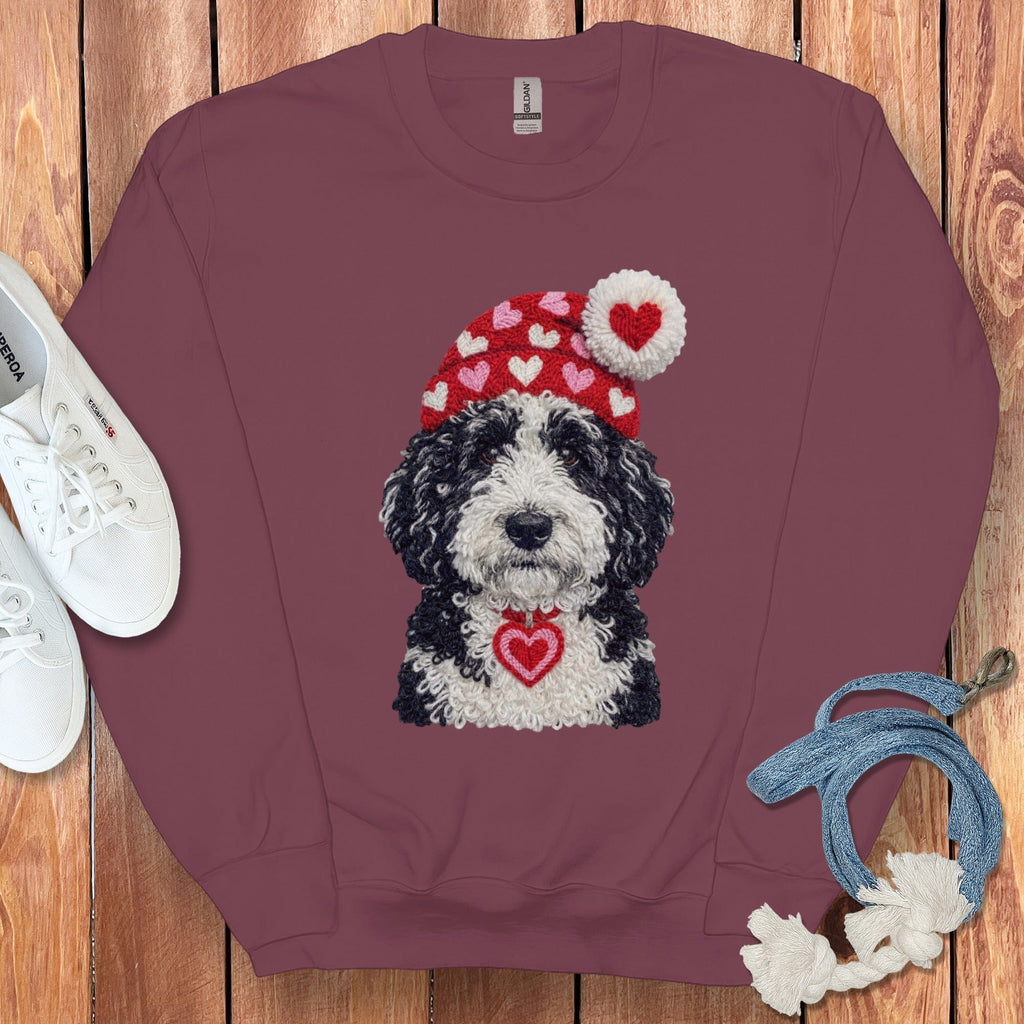 Sheepadoodle Valentine Charm Faux Yarn Sweatshirt in Maroon / S by Puppy Jo
