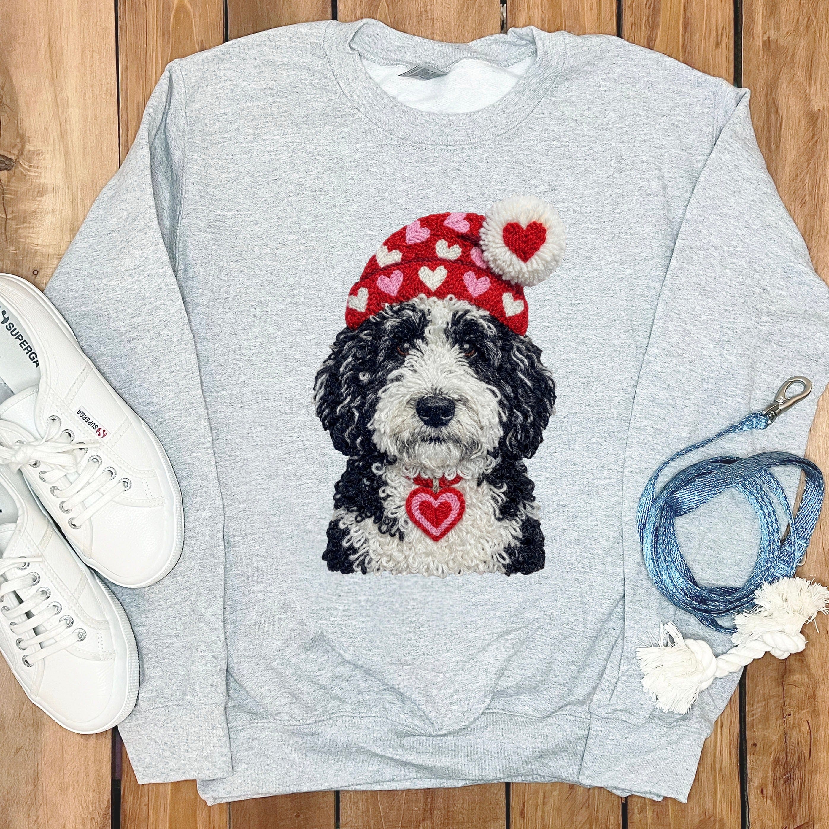 Sheepadoodle Valentine Charm Faux Yarn Sweatshirt in Sport Grey / S by Puppy Jo