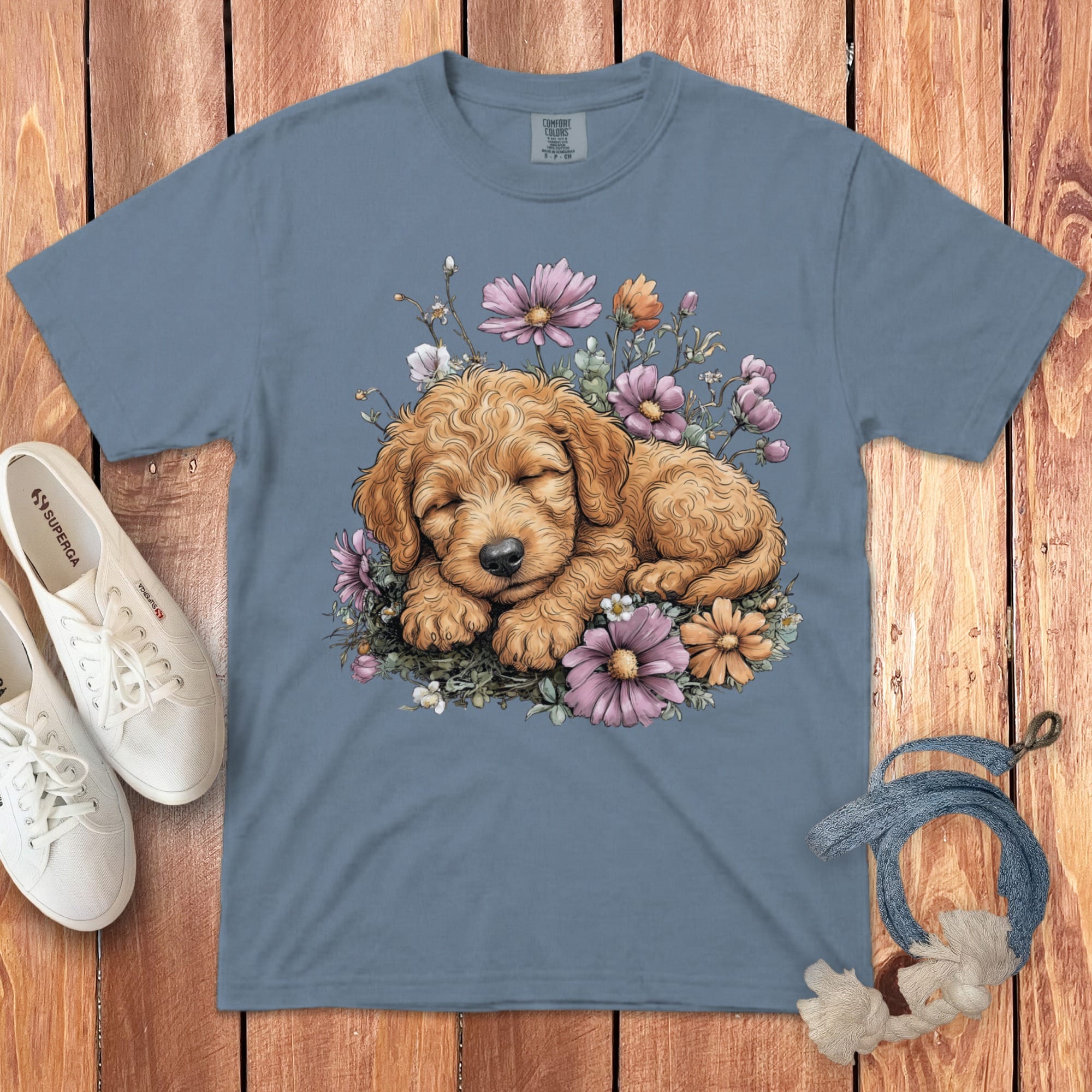 Snoozing Apricot Doodle Signature T-Shirt in Blue Jean / S by Puppy Jo