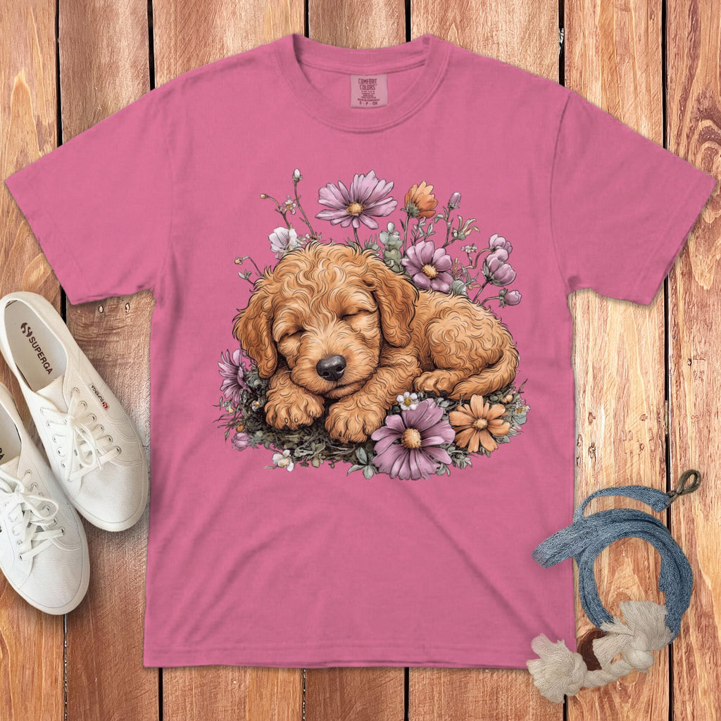 Snoozing Apricot Doodle Signature T-Shirt in Crunchberry / S by Puppy Jo