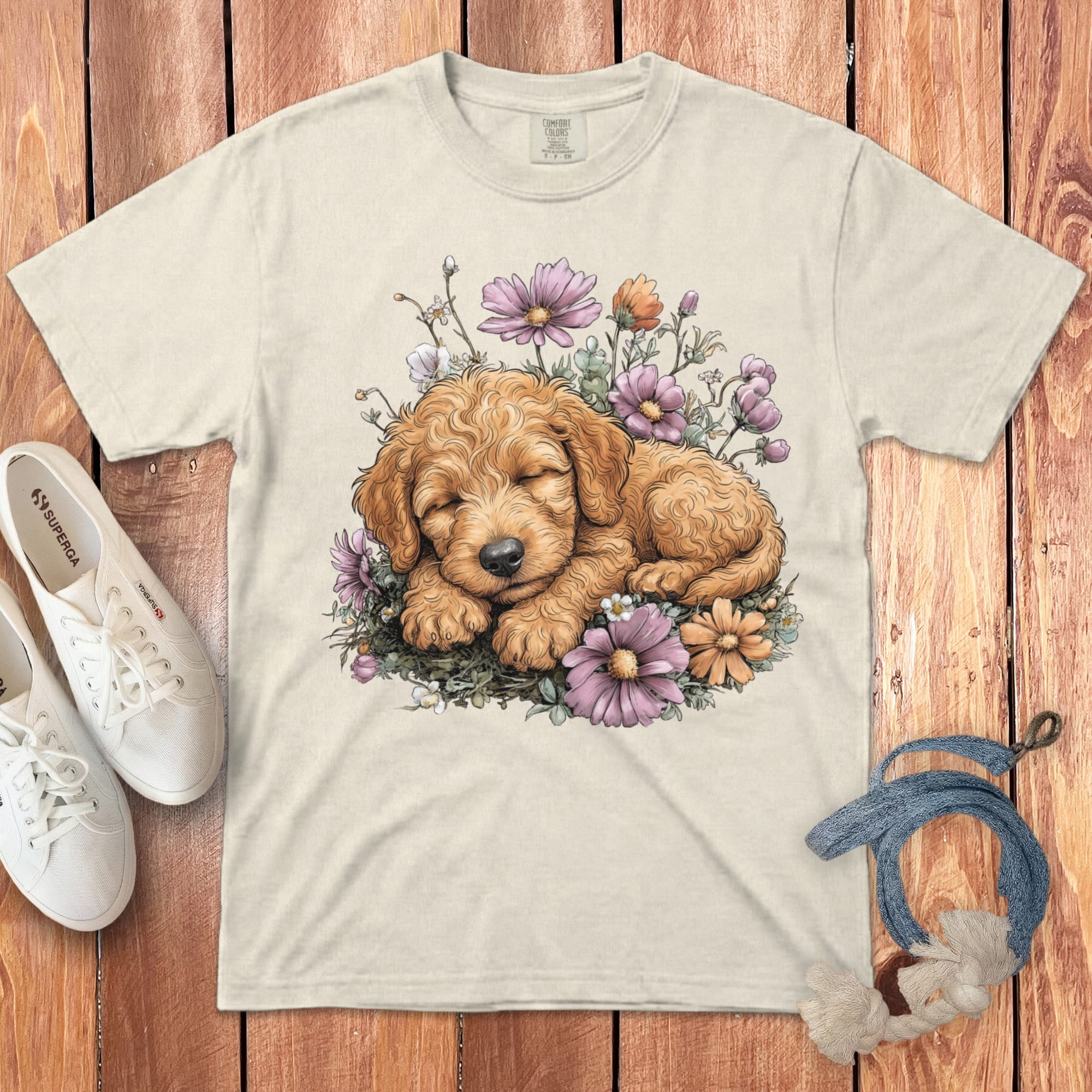 Snoozing Apricot Doodle Signature T-Shirt in Ivory / S by Puppy Jo