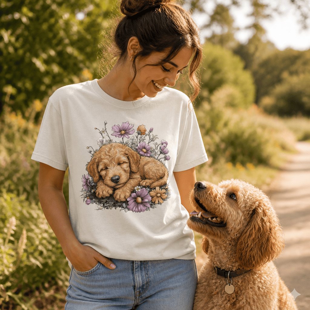 Snoozing Apricot Doodle Signature T-Shirt in by Puppy Jo