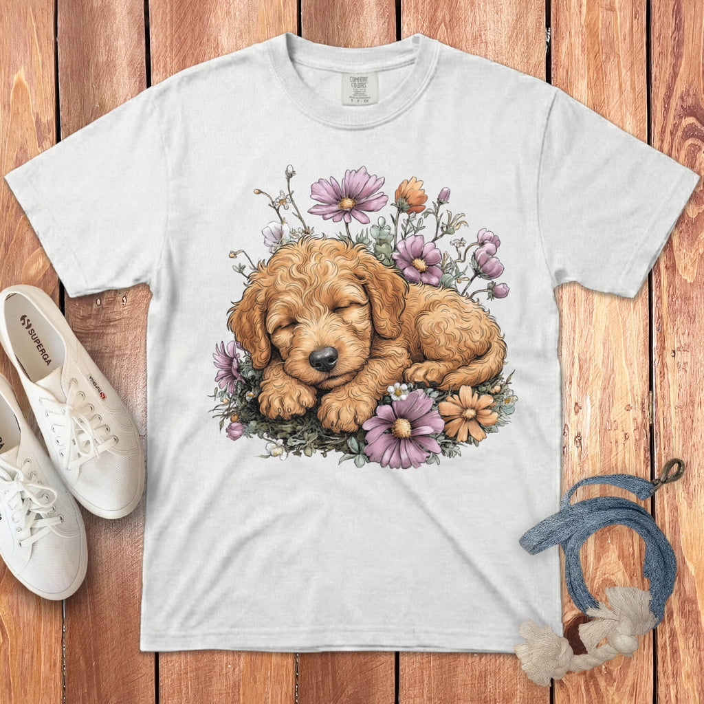Snoozing Apricot Doodle Signature T-Shirt in White / S by Puppy Jo
