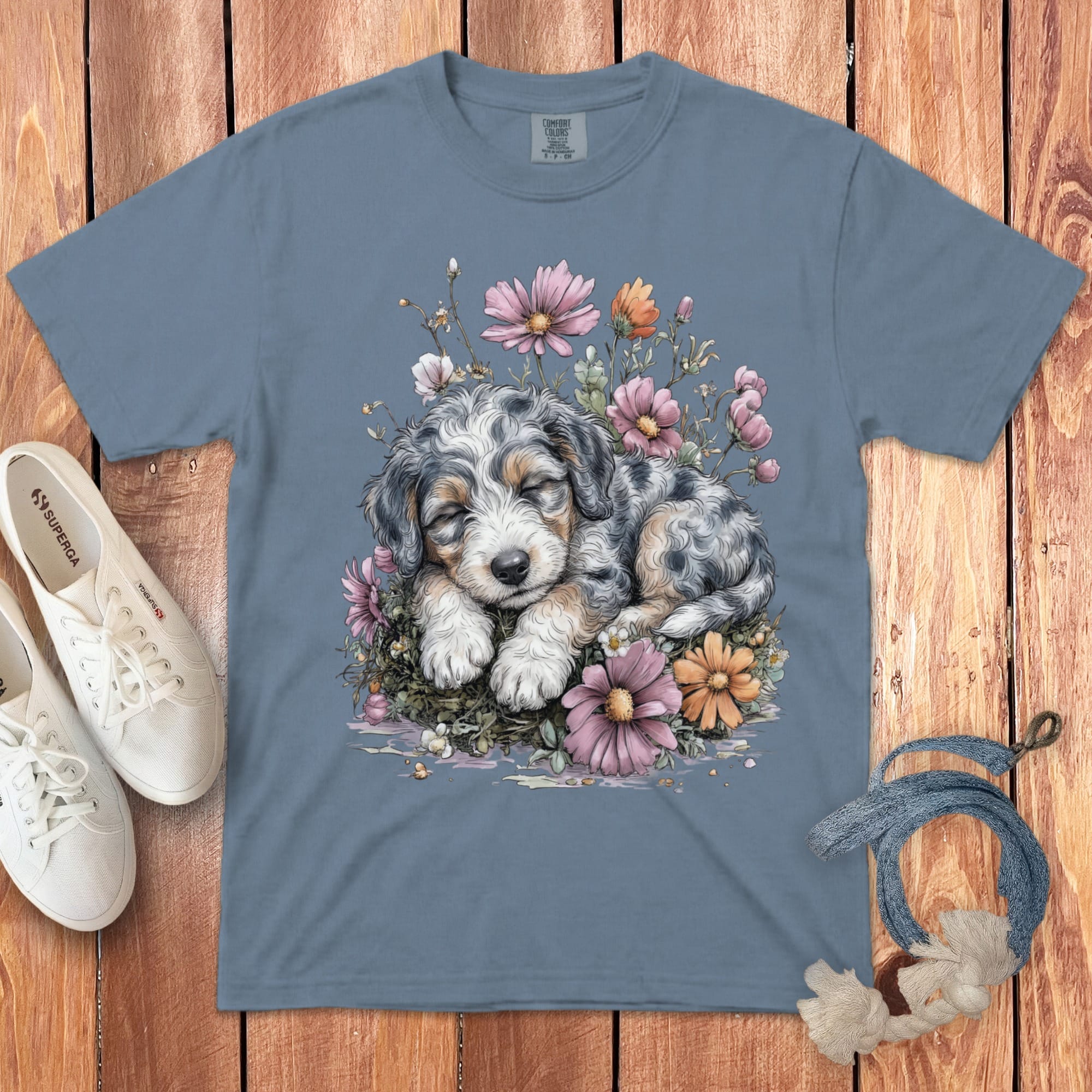 Snoozing Aussiedoodle Signature T-Shirt in Blue Jean / S by Puppy Jo