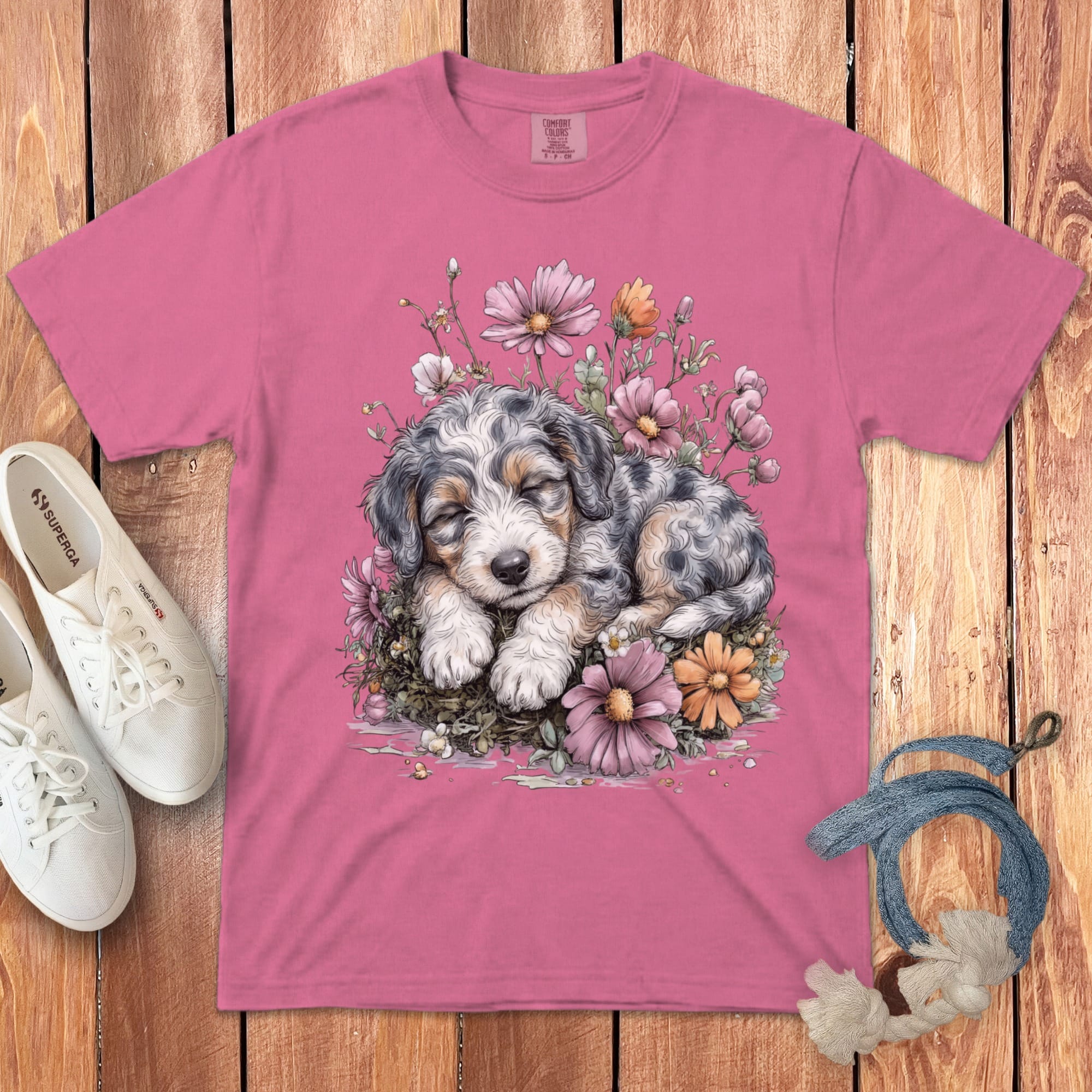 Snoozing Aussiedoodle Signature T-Shirt in Crunchberry / S by Puppy Jo