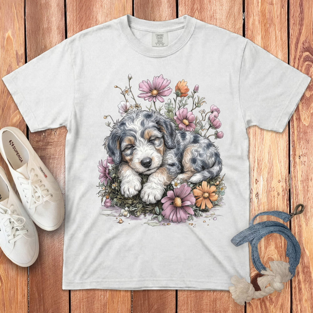 Snoozing Aussiedoodle Signature T-Shirt in White / S by Puppy Jo