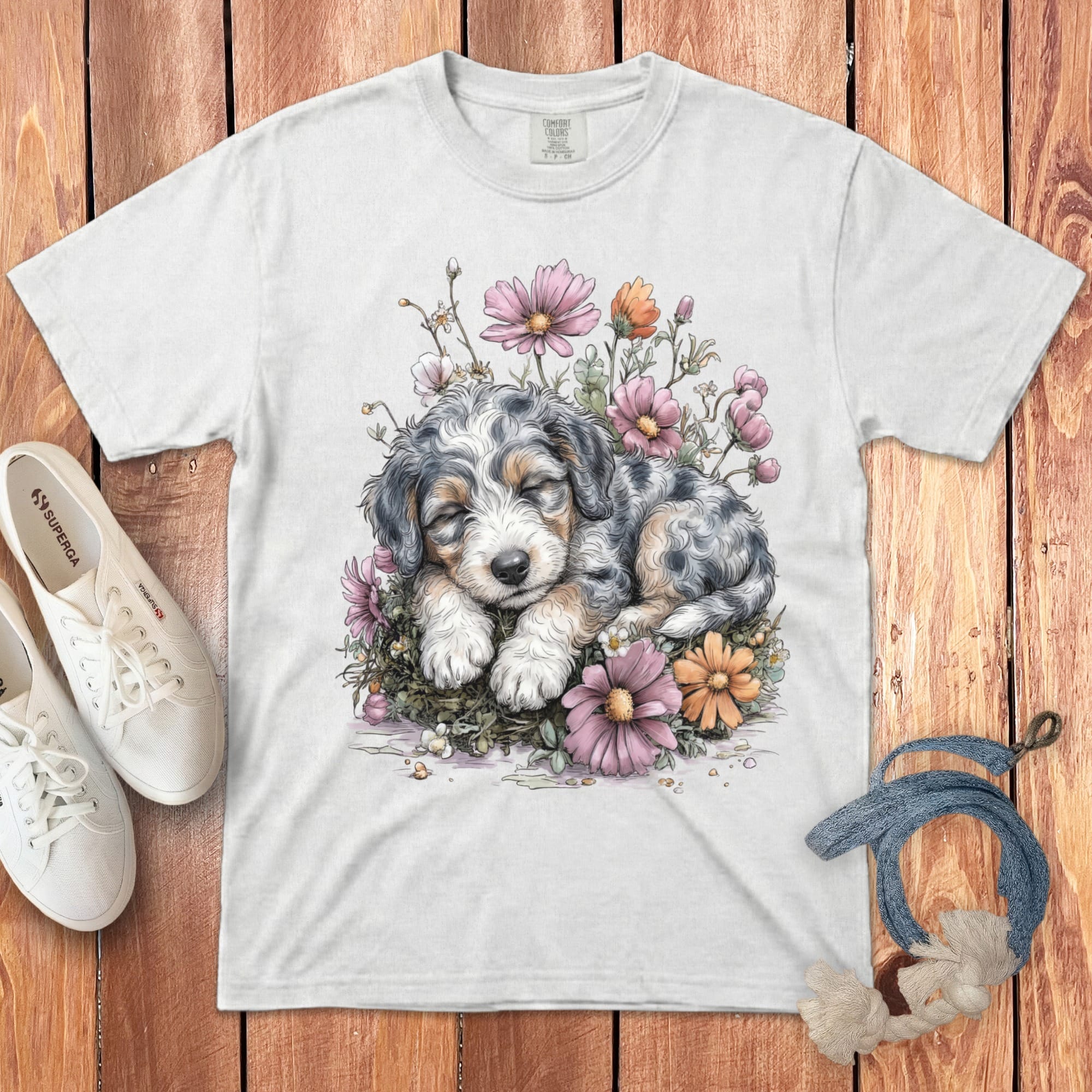 Snoozing Aussiedoodle Signature T-Shirt in White / S by Puppy Jo