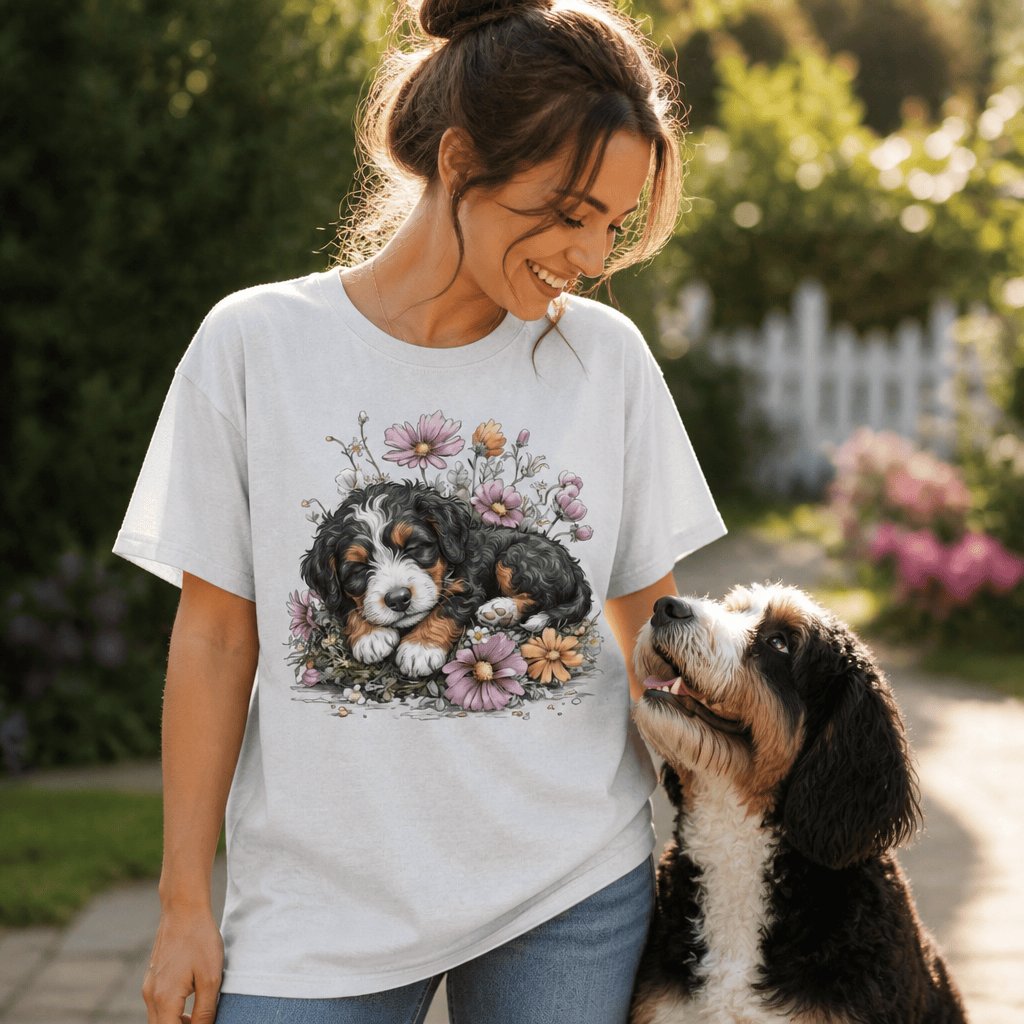 Snoozing Bernedoodle Signature T-Shirt in by Puppy Jo