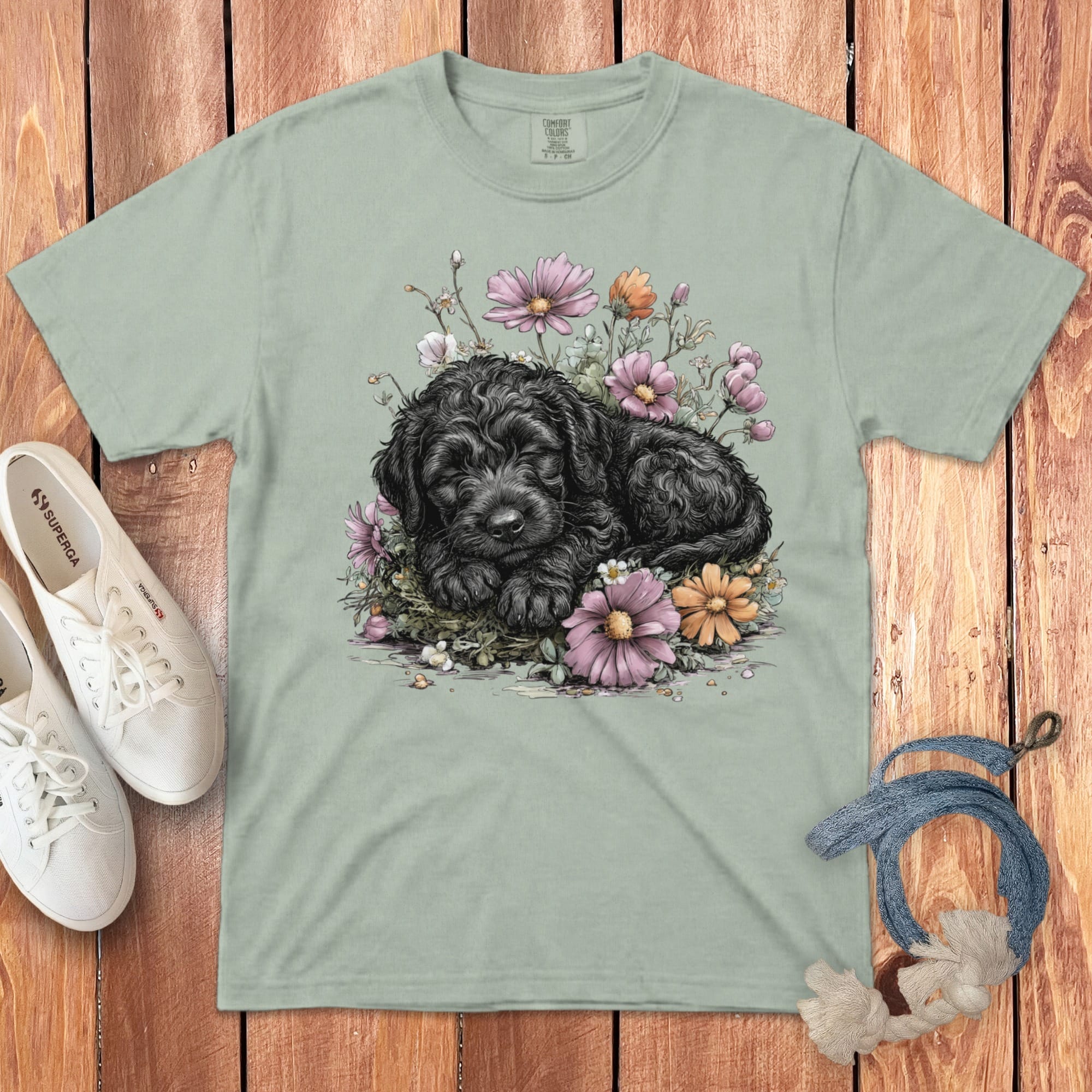 Snoozing Black Doodle Signature T-Shirt in Bay / S by Puppy Jo