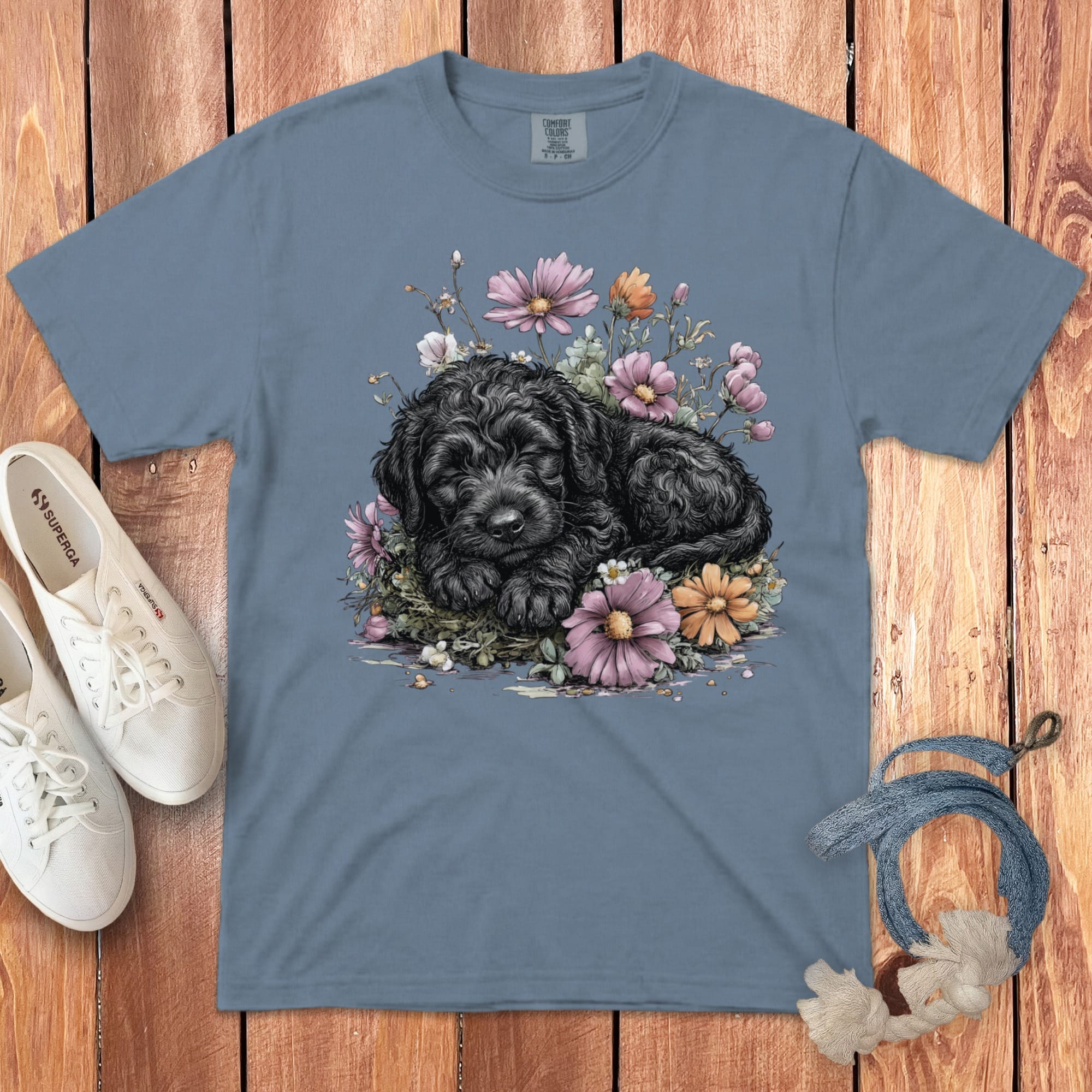 Snoozing Black Doodle Signature T-Shirt in Blue Jean / S by Puppy Jo