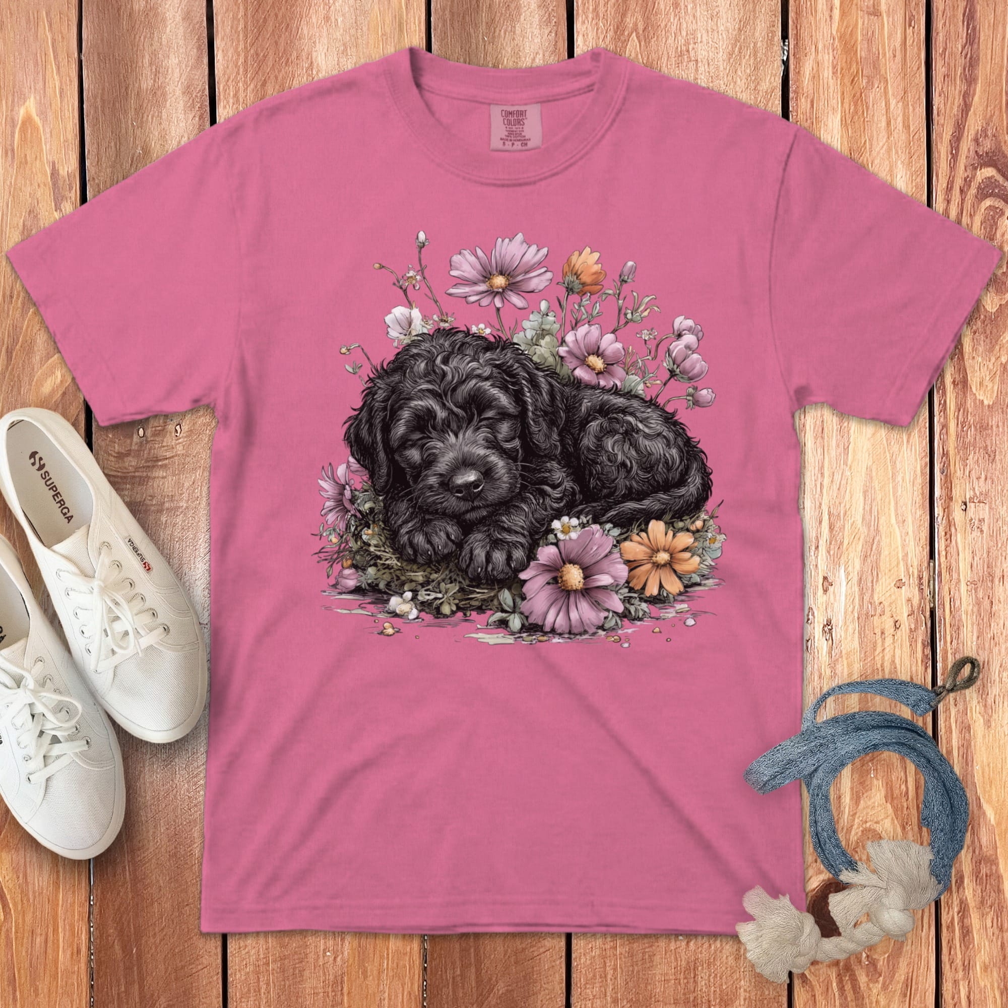 Snoozing Black Doodle Signature T-Shirt in Crunchberry / S by Puppy Jo
