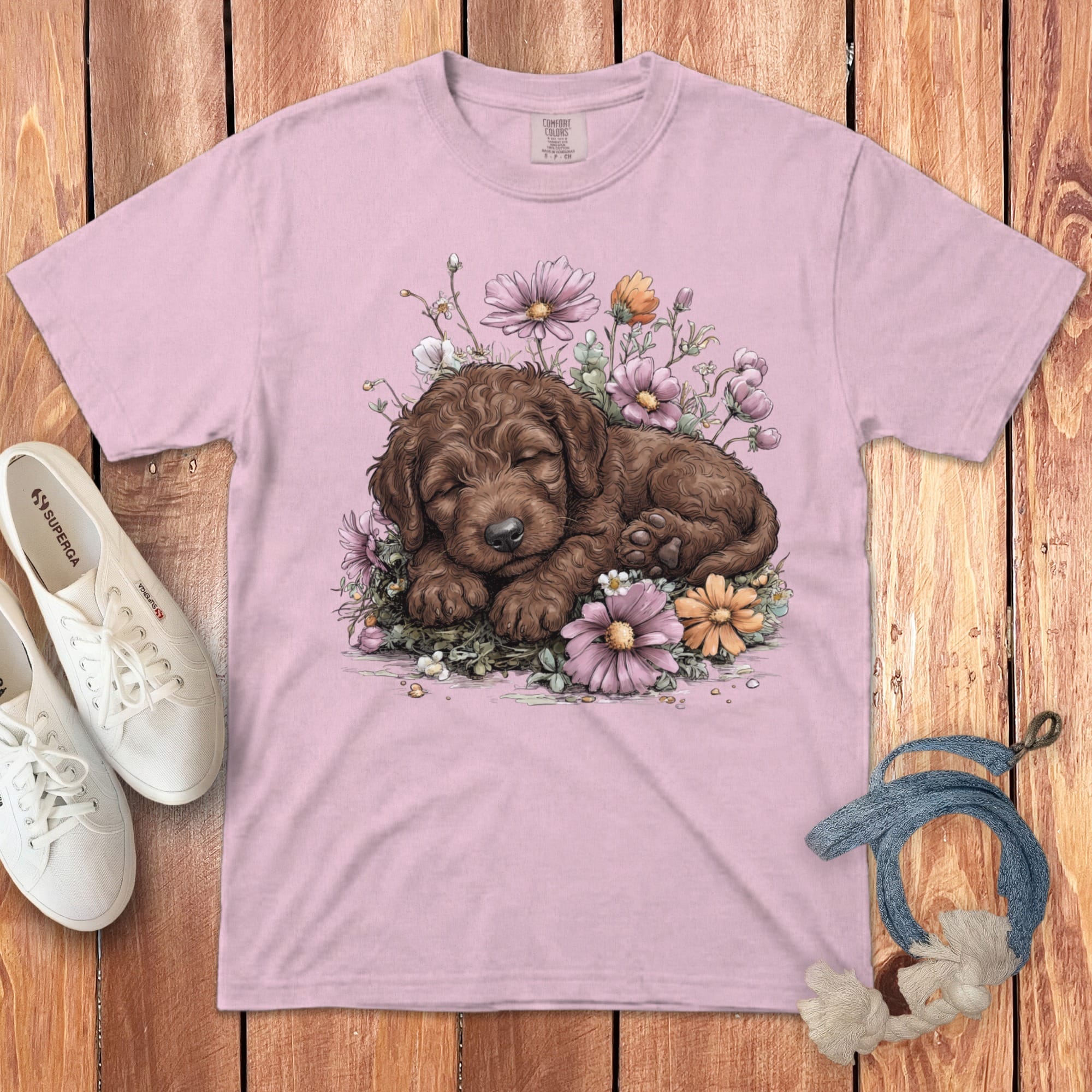 Snoozing Chocolate Doodle Signature T-Shirt in Blossom / S by Puppy Jo