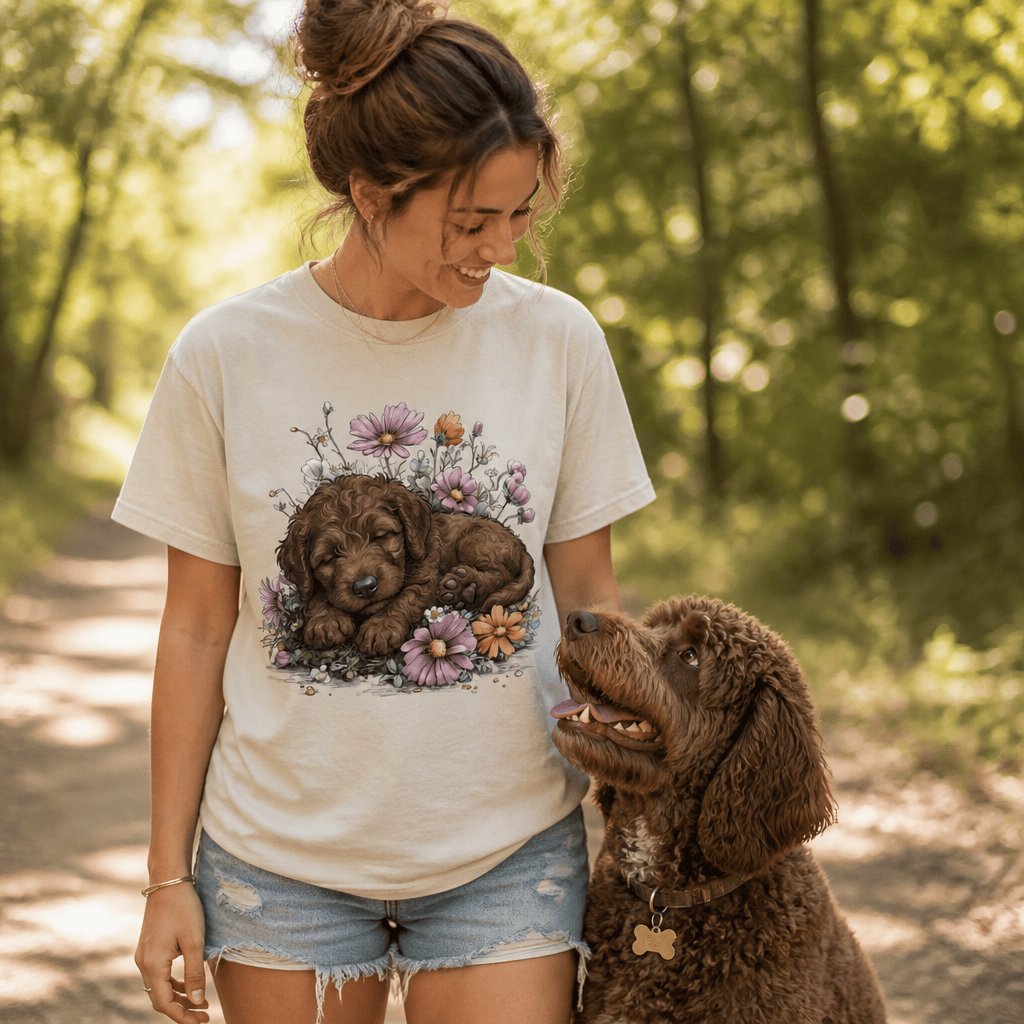 Snoozing Chocolate Doodle Signature T-Shirt in by Puppy Jo