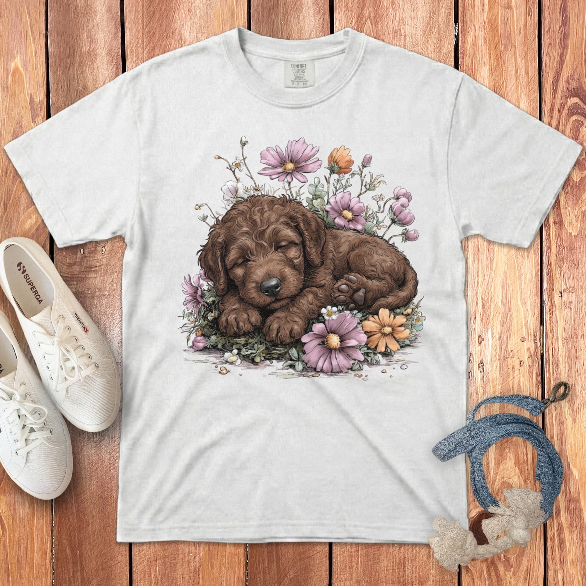 Snoozing Chocolate Doodle Signature T-Shirt in White / S by Puppy Jo