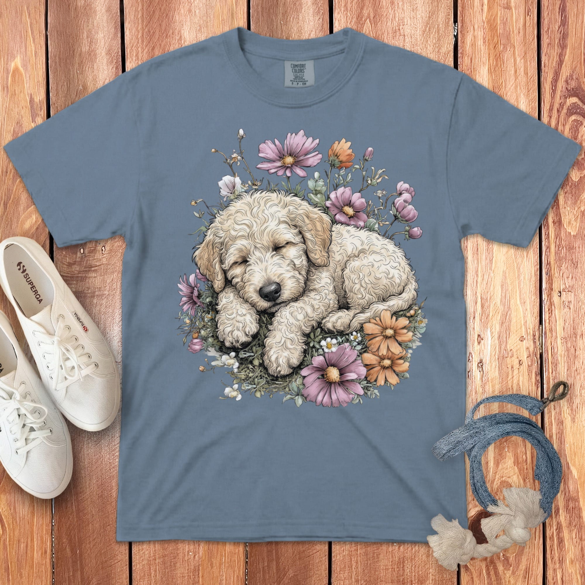 Snoozing Cream Doodle Signature T-Shirt in Blue Jean / S by Puppy Jo
