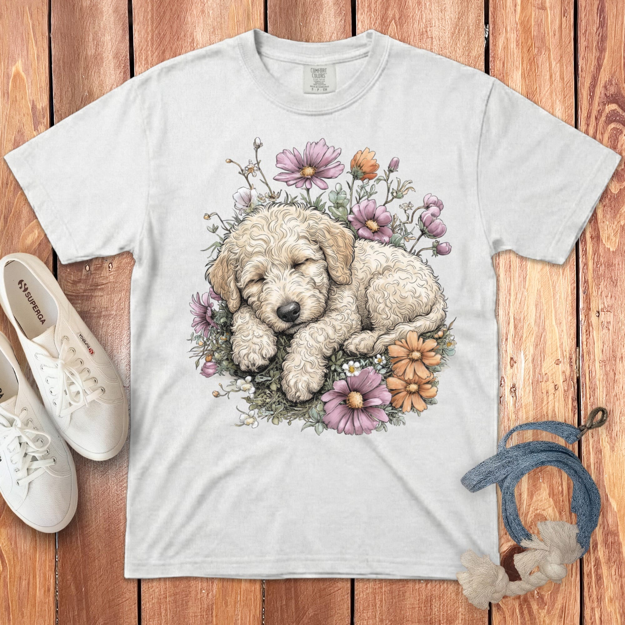Snoozing Cream Doodle Signature T-Shirt in White / S by Puppy Jo