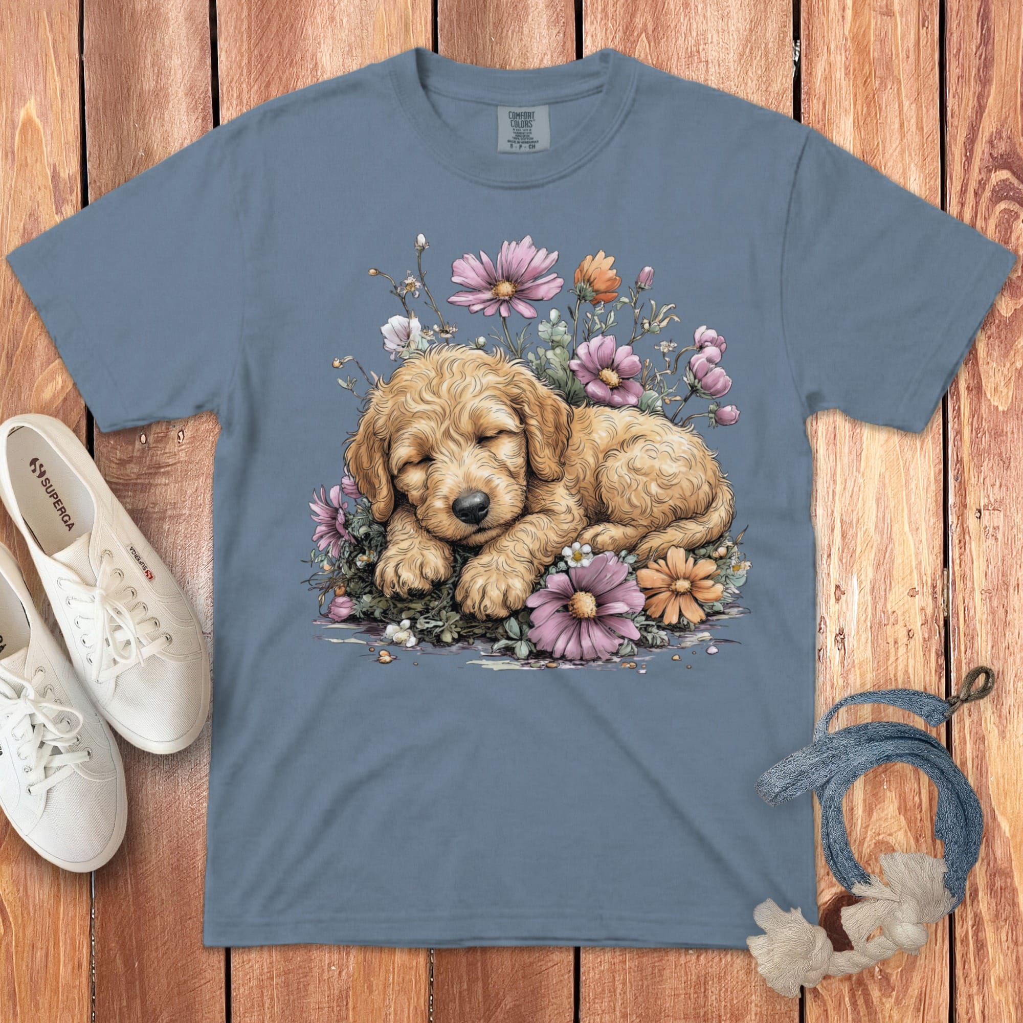 Snoozing Golden Doodle Signature T-Shirt in Blue Jean / S by Puppy Jo