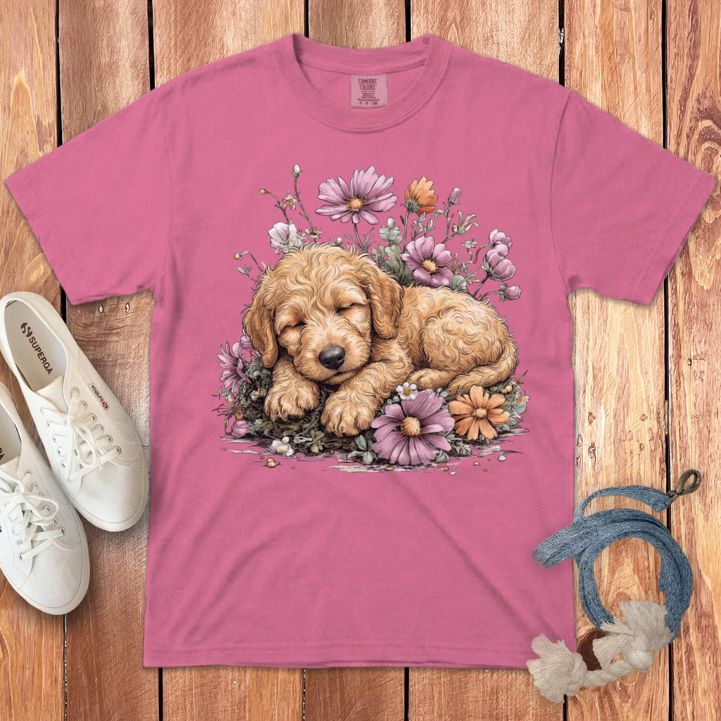 Snoozing Golden Doodle Signature T-Shirt in Crunchberry / S by Puppy Jo