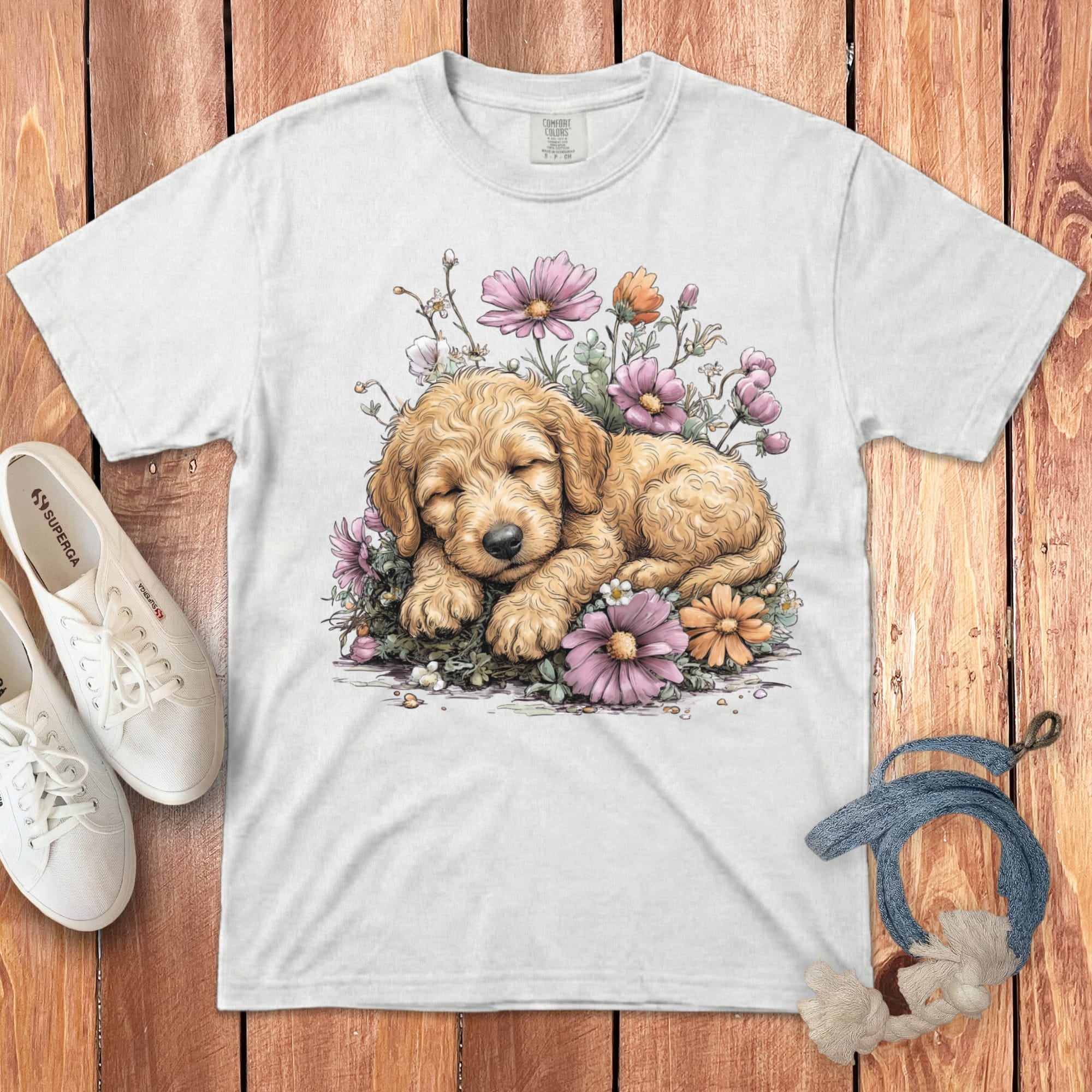 Snoozing Golden Doodle Signature T-Shirt in White / S by Puppy Jo