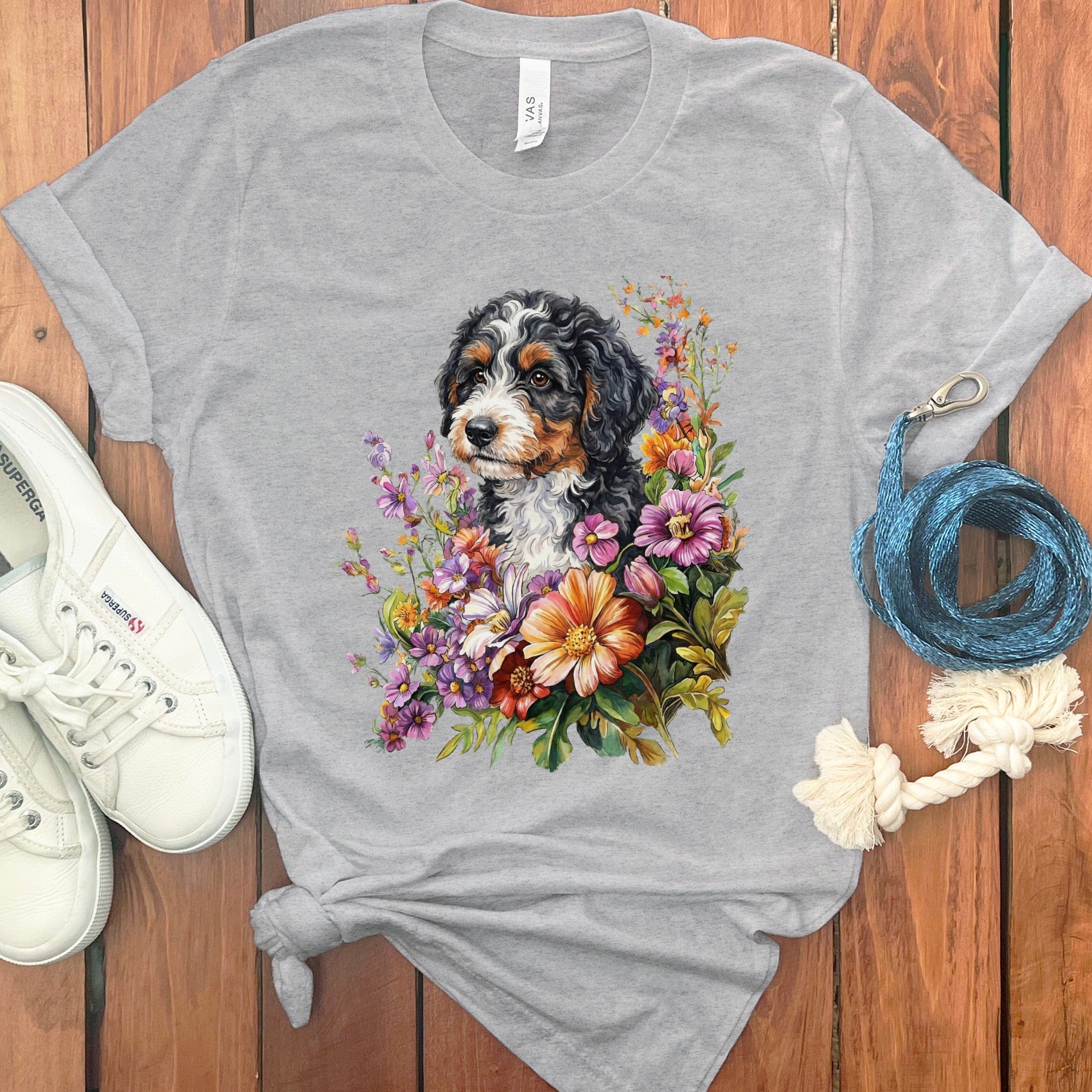 Springtime Bernedoodle T-Shirt in Athletic Heather / M by Puppy Jo