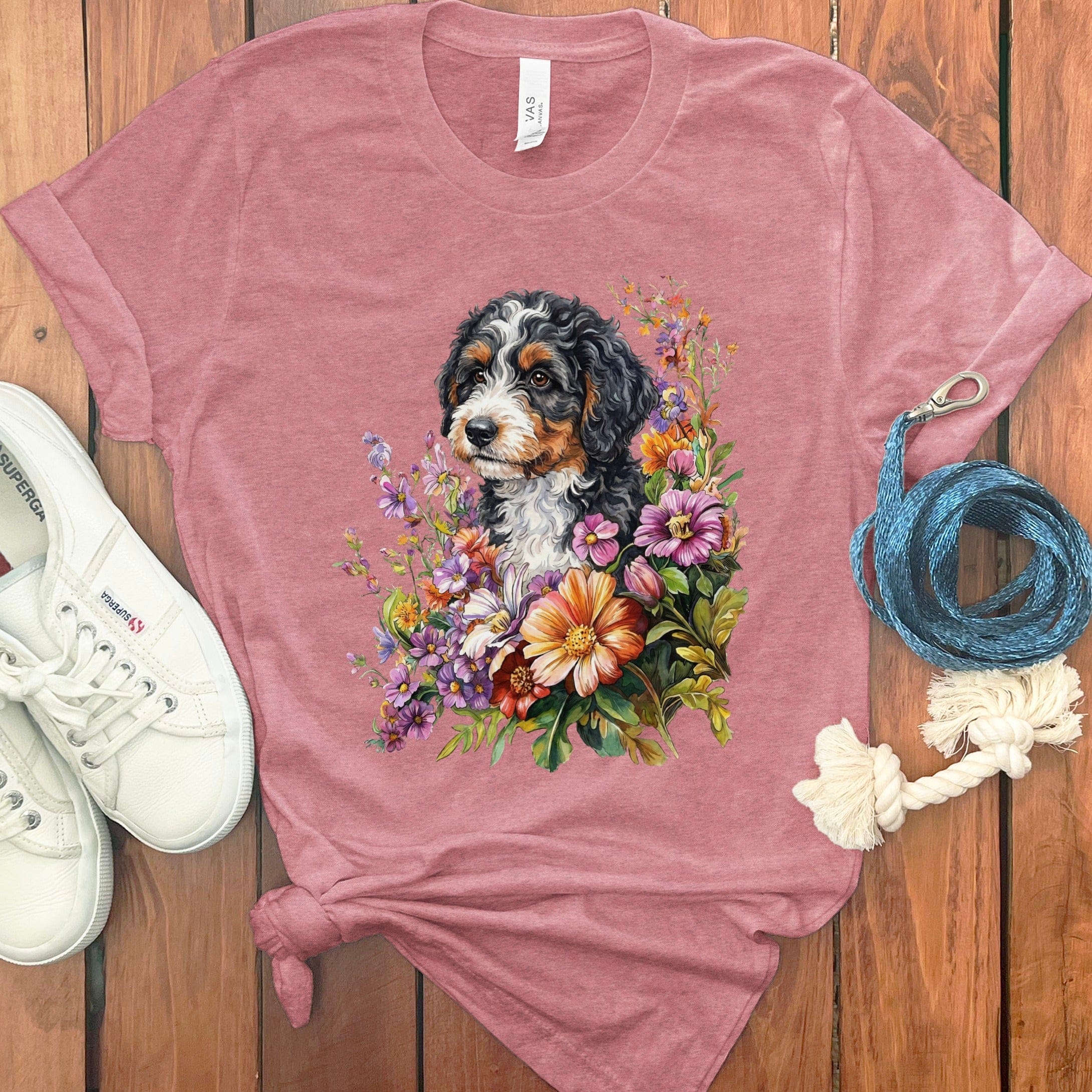 Springtime Bernedoodle T-Shirt in Heather Mauve / M by Puppy Jo