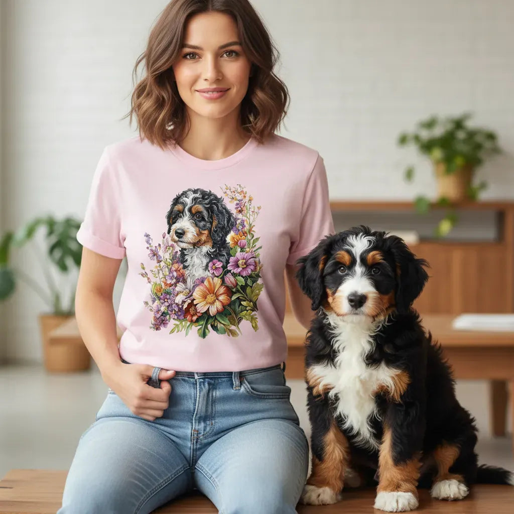 Springtime Bernedoodle T-Shirt in by Puppy Jo