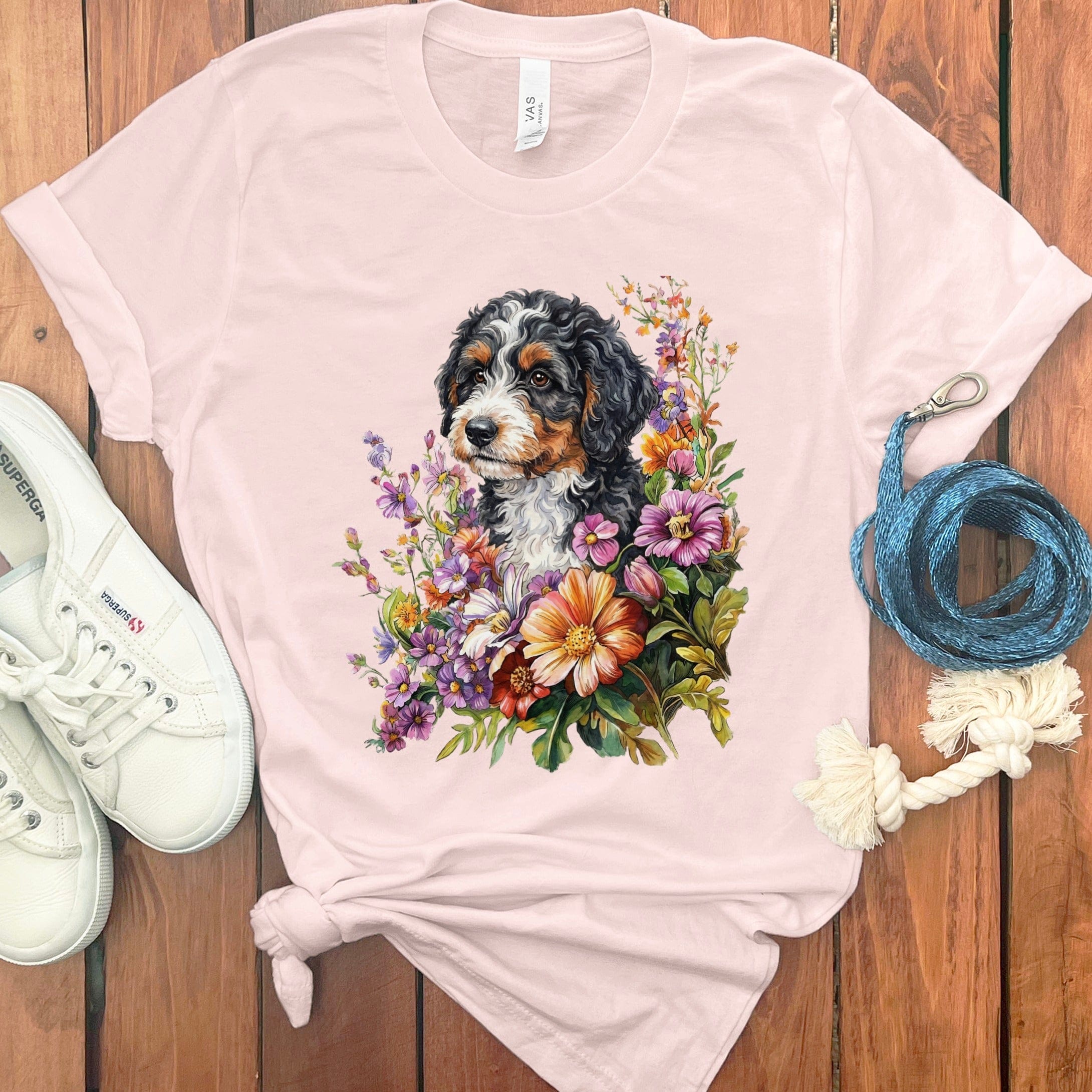 Springtime Bernedoodle T-Shirt in Soft Pink / M by Puppy Jo