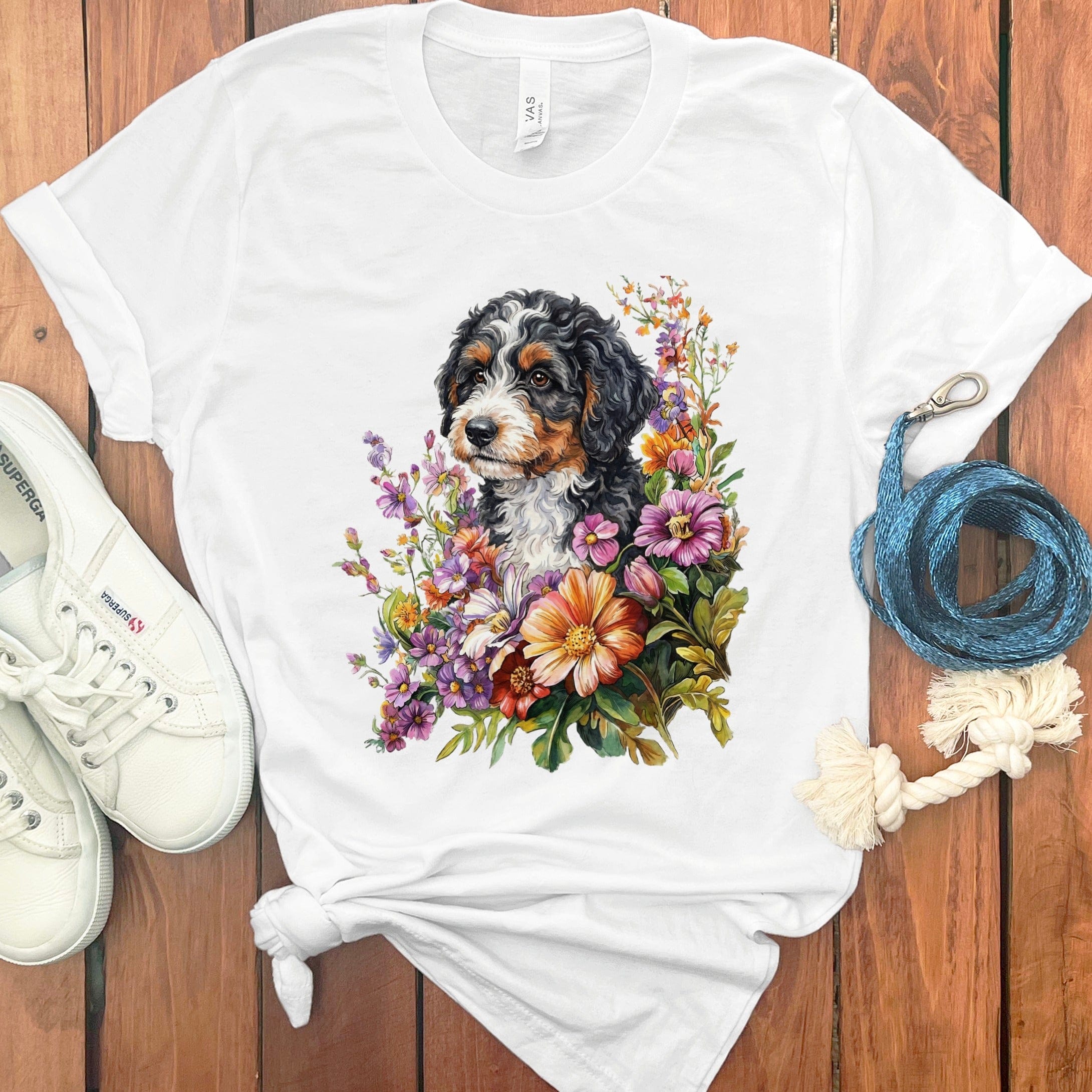 Springtime Bernedoodle T-Shirt in White / M by Puppy Jo
