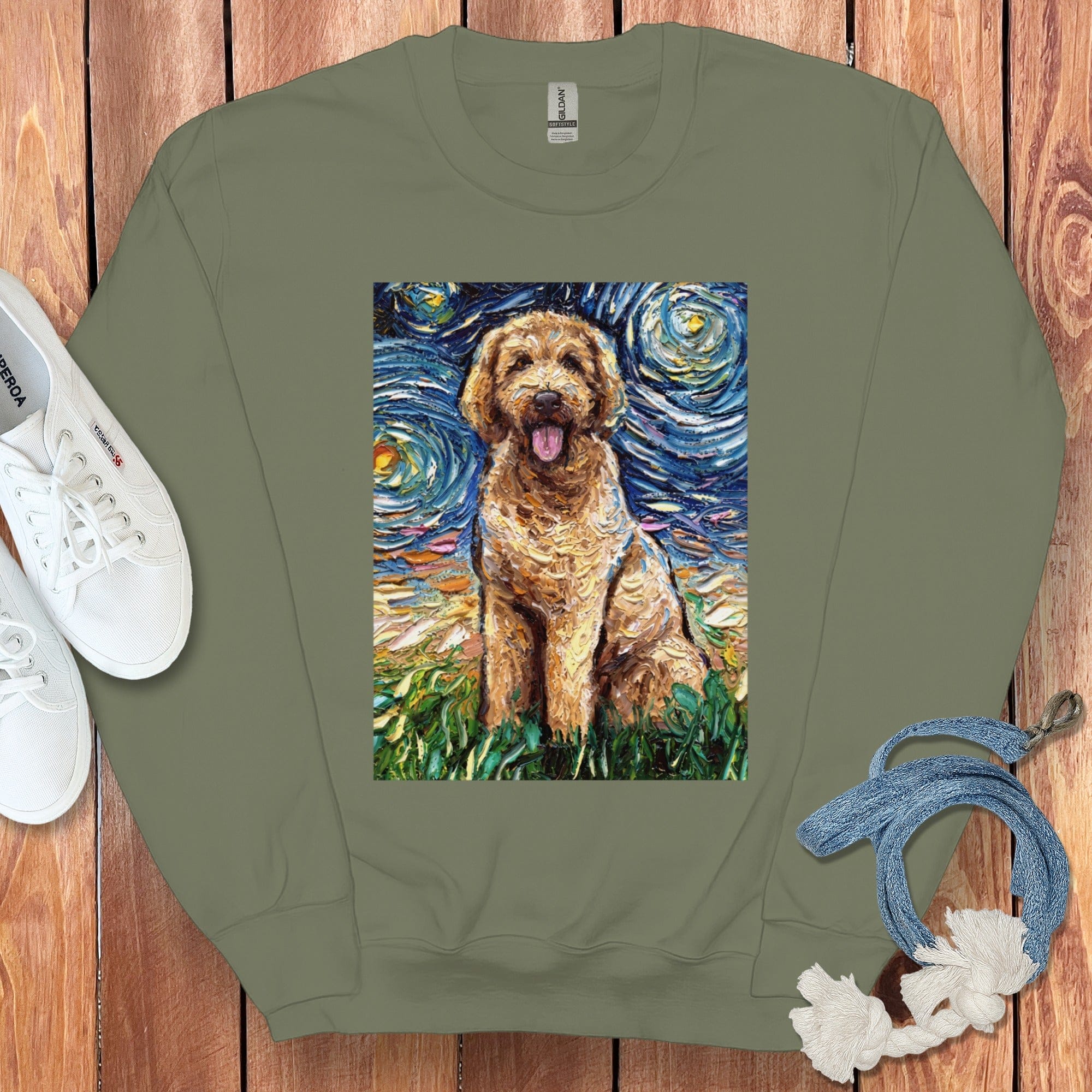 Starry Night Goldendoodle Sweatshirt in Military Green / S by Puppy Jo