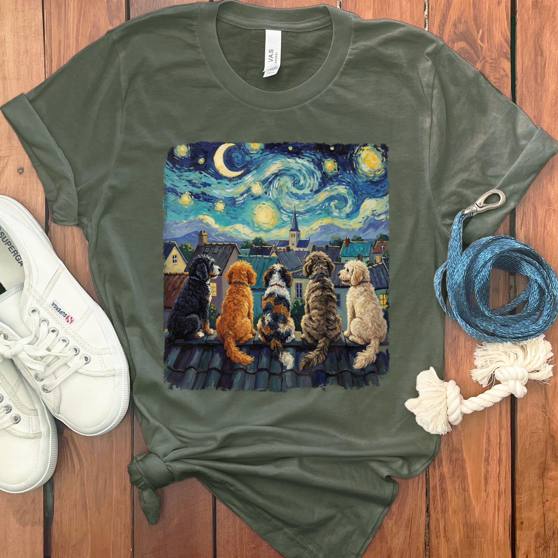 Starry Night With Doodles T-Shirt in Military Green / S by Puppy Jo