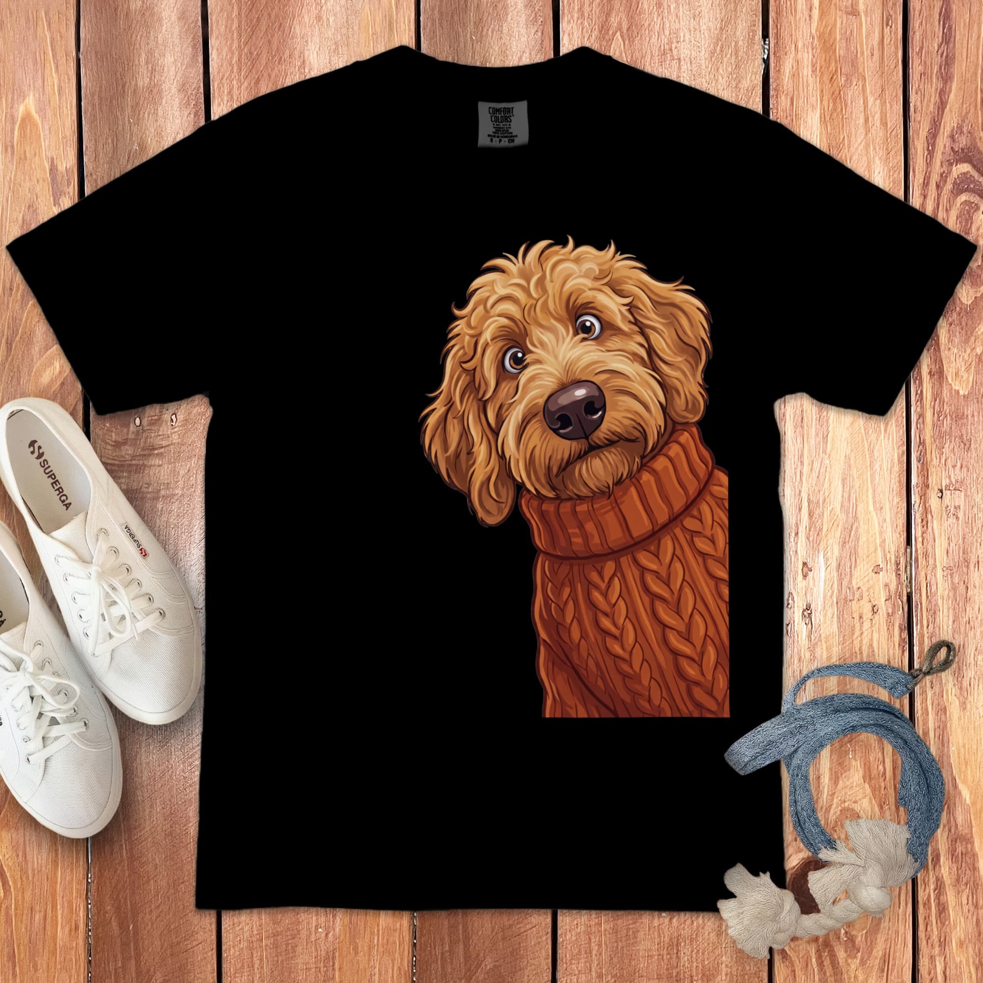 Sweater Weather Apricot Goldendoodle Signature T-Shirt in Black / S / T-Shirts by Puppy Jo