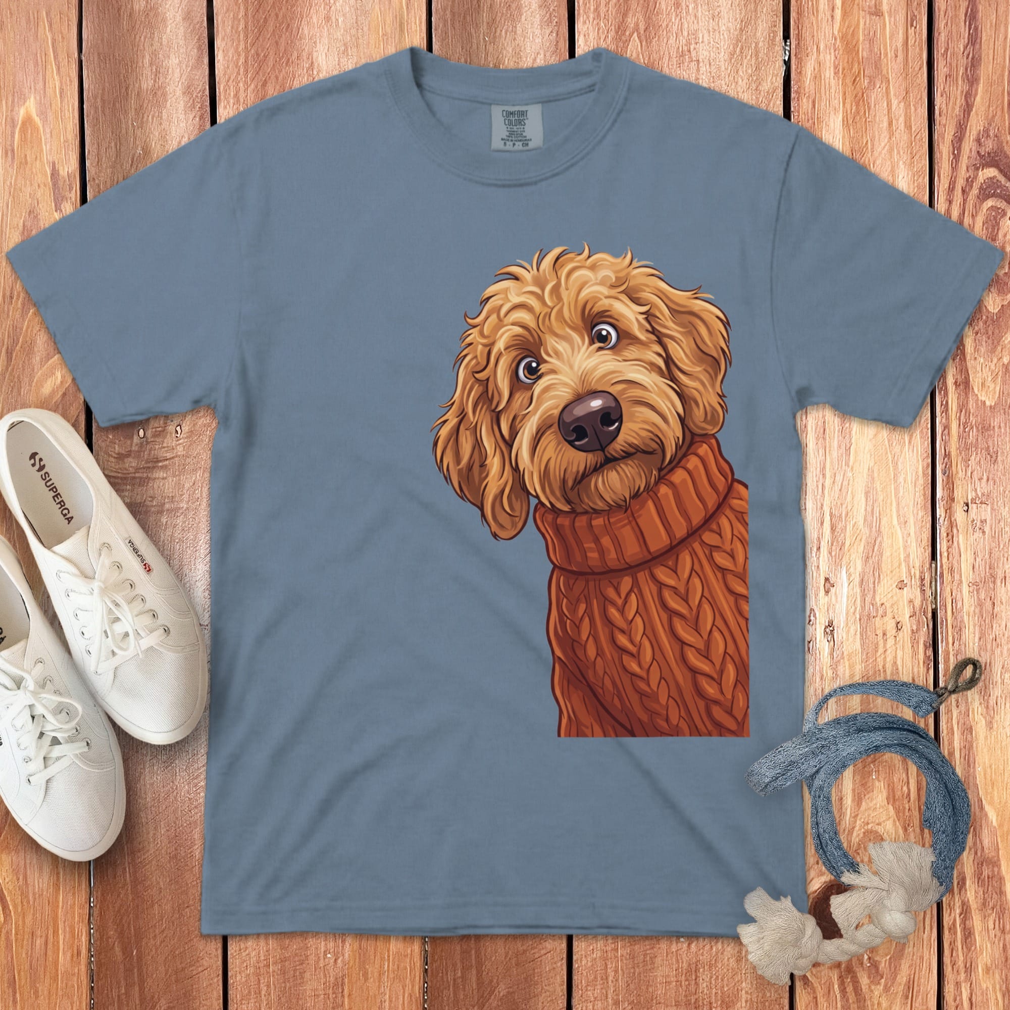 Sweater Weather Apricot Goldendoodle Signature T-Shirt in Blue Jean / S / T-Shirts by Puppy Jo